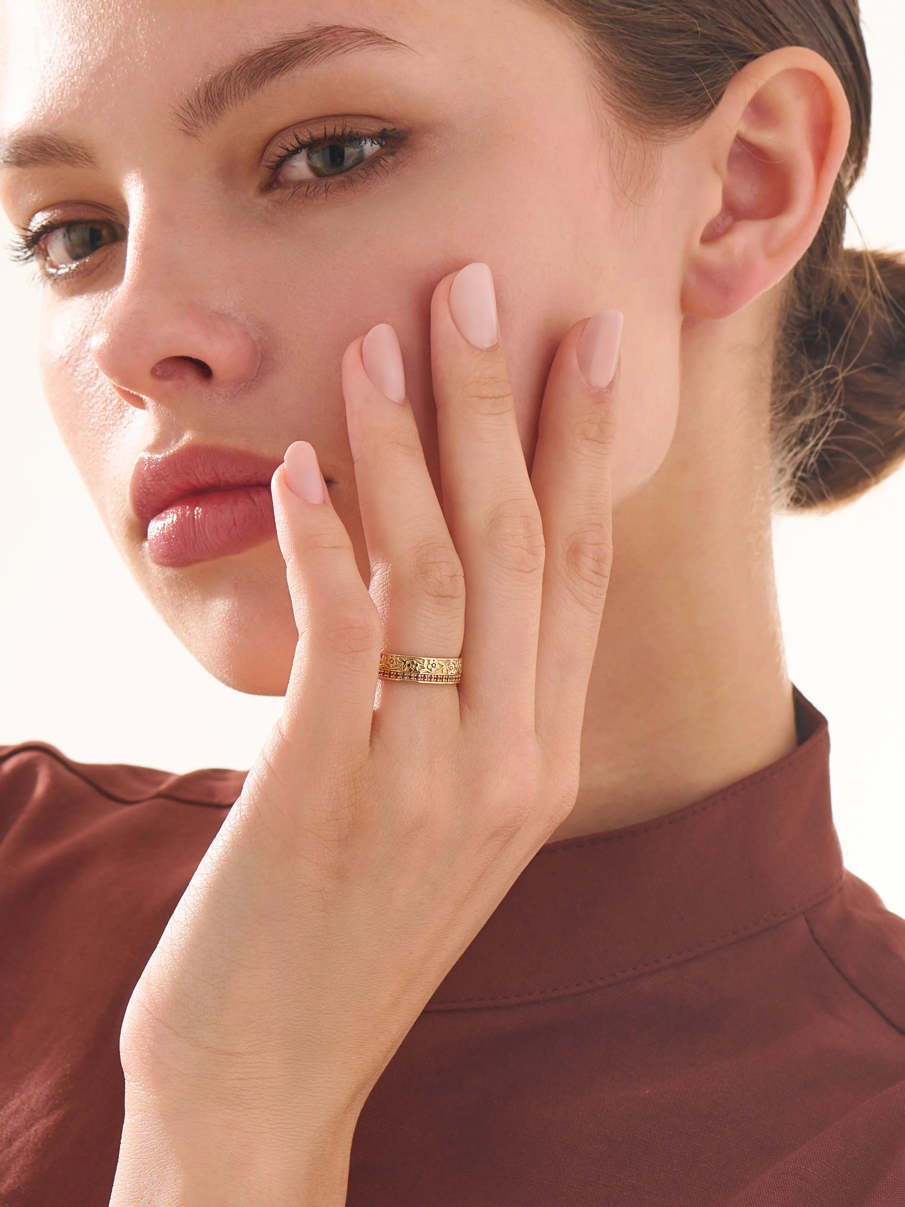 Pave Ruby Flower Wedding Band, solid gold ring, view 6 | DiaFifth