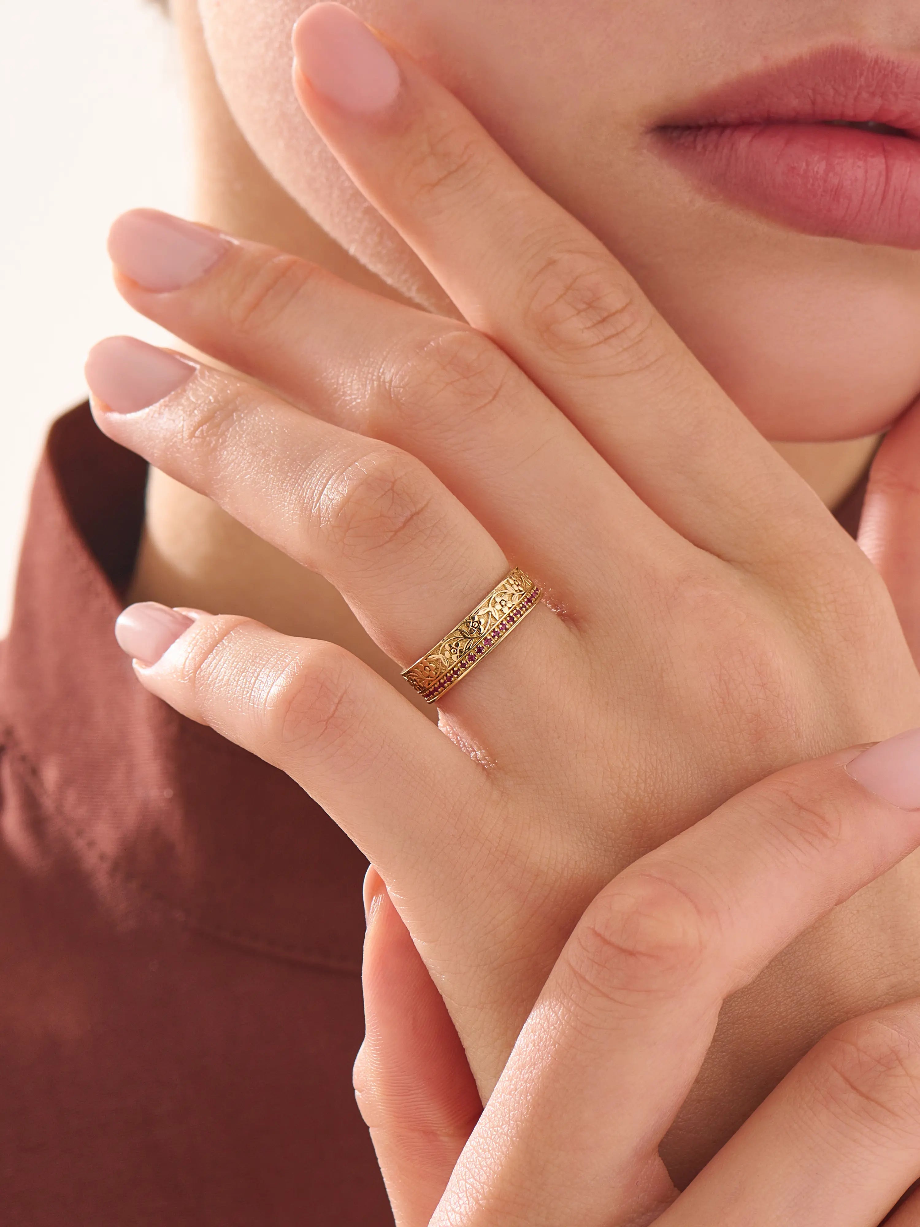 Pave Ruby Flower Wedding Band, solid gold ring, view 5 | DiaFifth