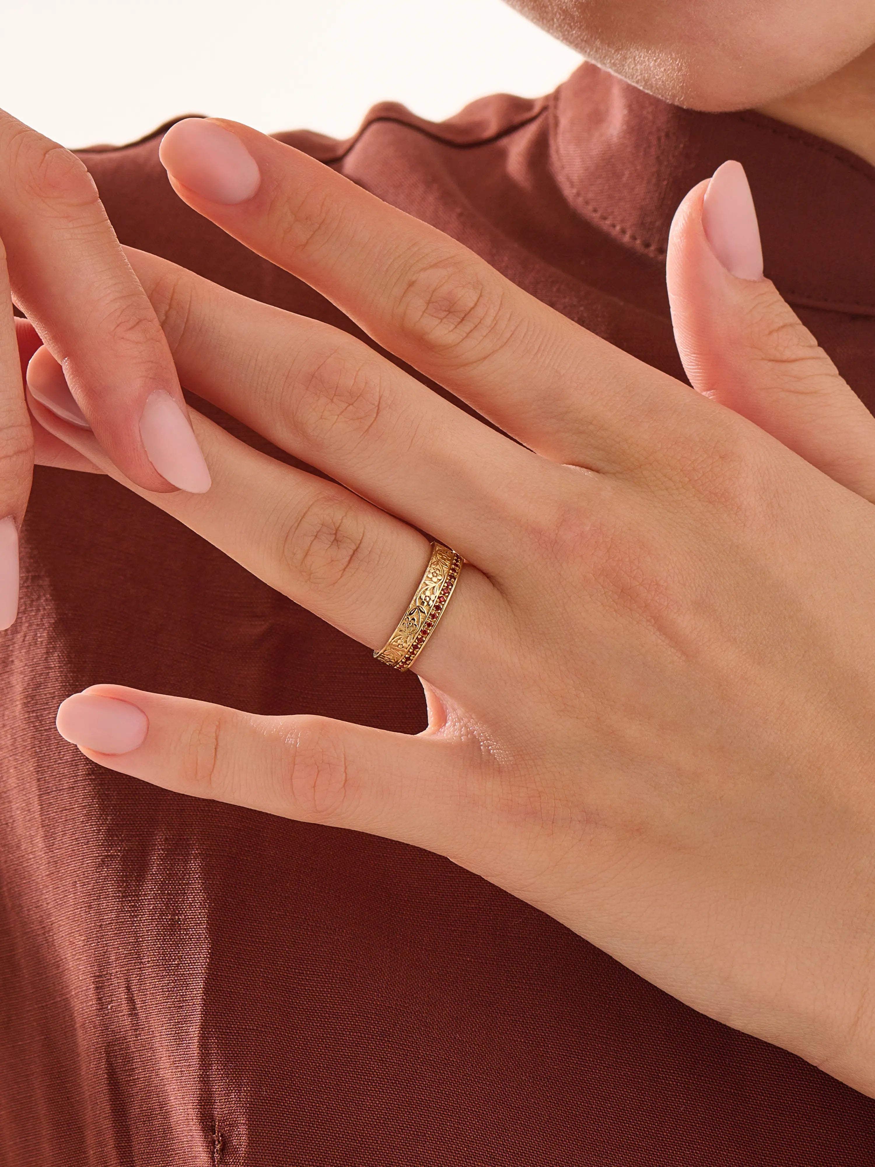Pave Garnet Flower Wedding Band, solid gold ring, view 6 | DiaFifth