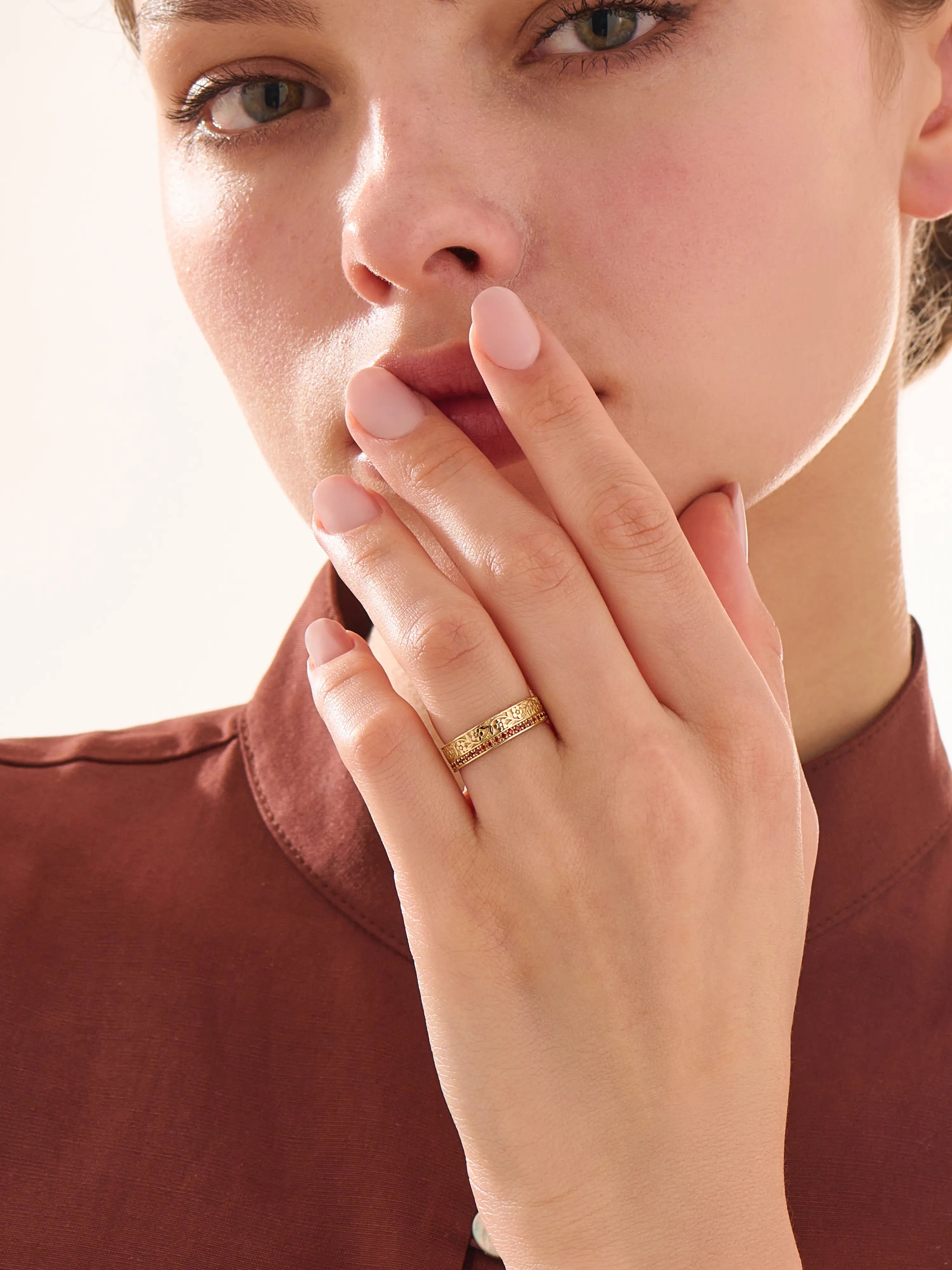 Pave Garnet Flower Wedding Band, solid gold ring, view 3 | DiaFifth