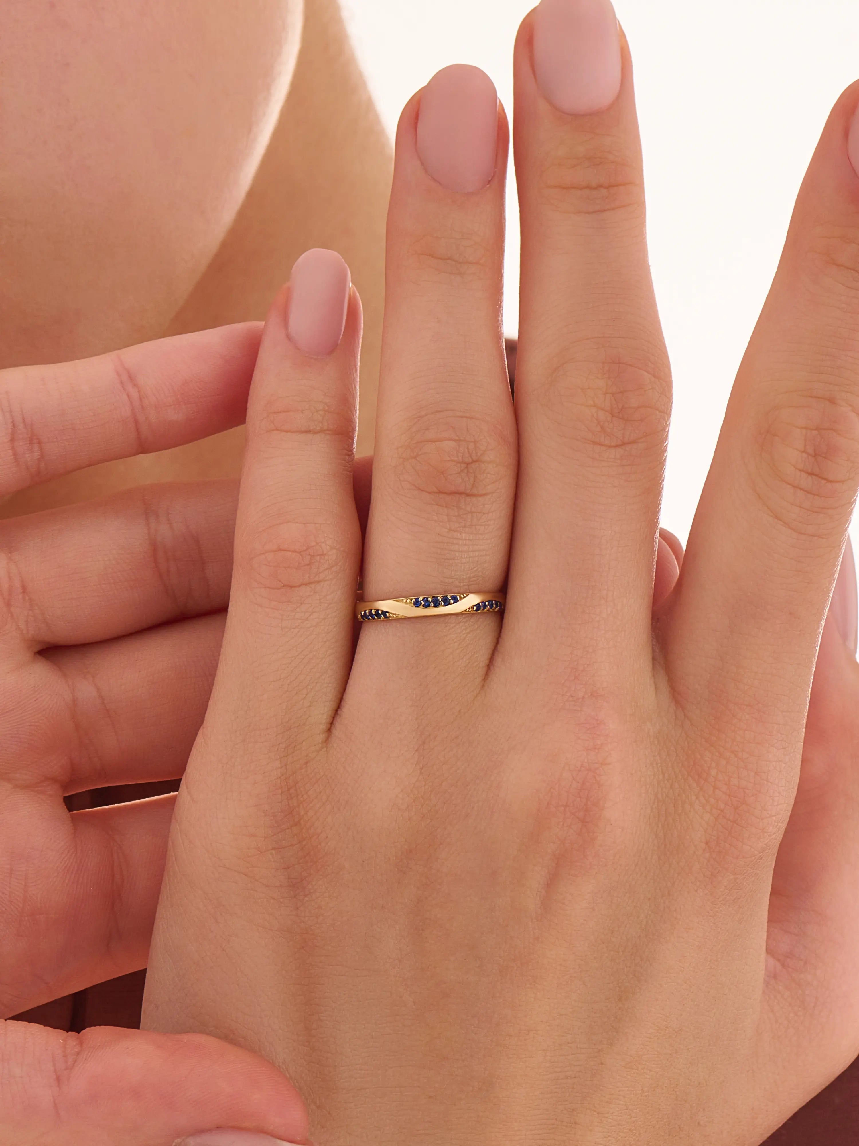 Wavy Sapphire Wedding Band, solid gold ring, view 3 | DiaFifth