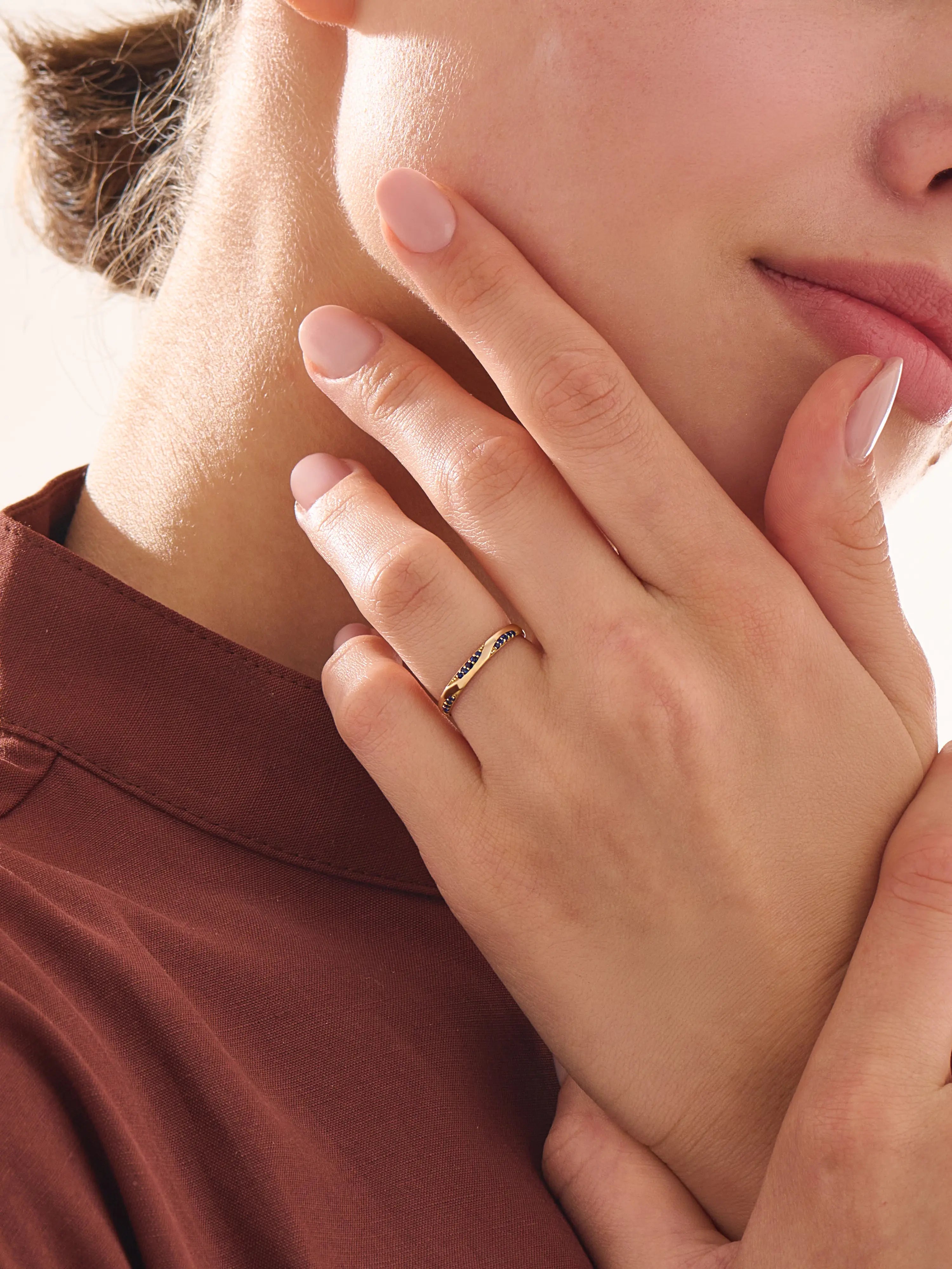 Wavy Sapphire Wedding Band, solid gold ring, view 6 | DiaFifth