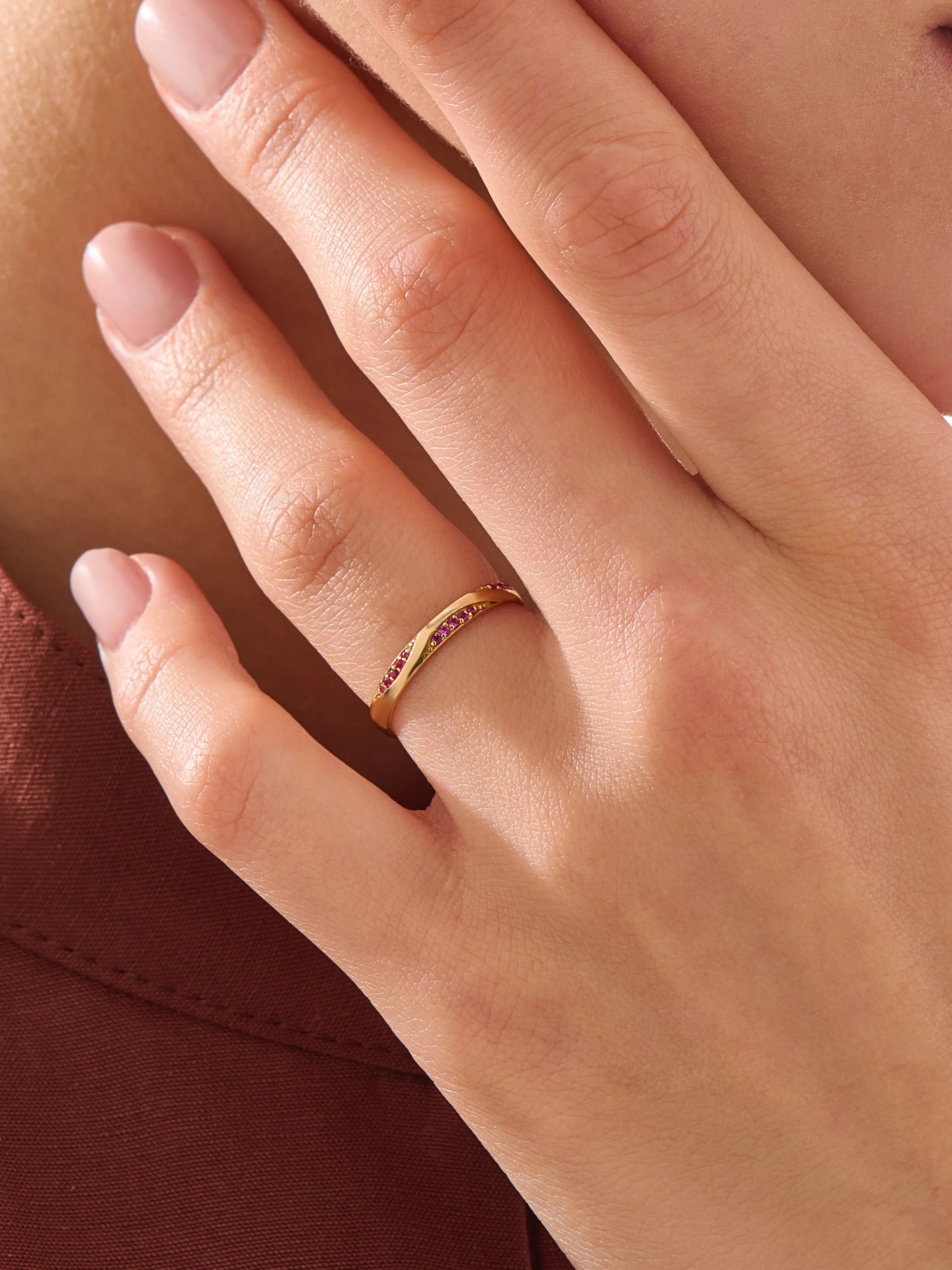 Wavy Garnet Wedding Band, solid gold ring, view 3 | DiaFifth