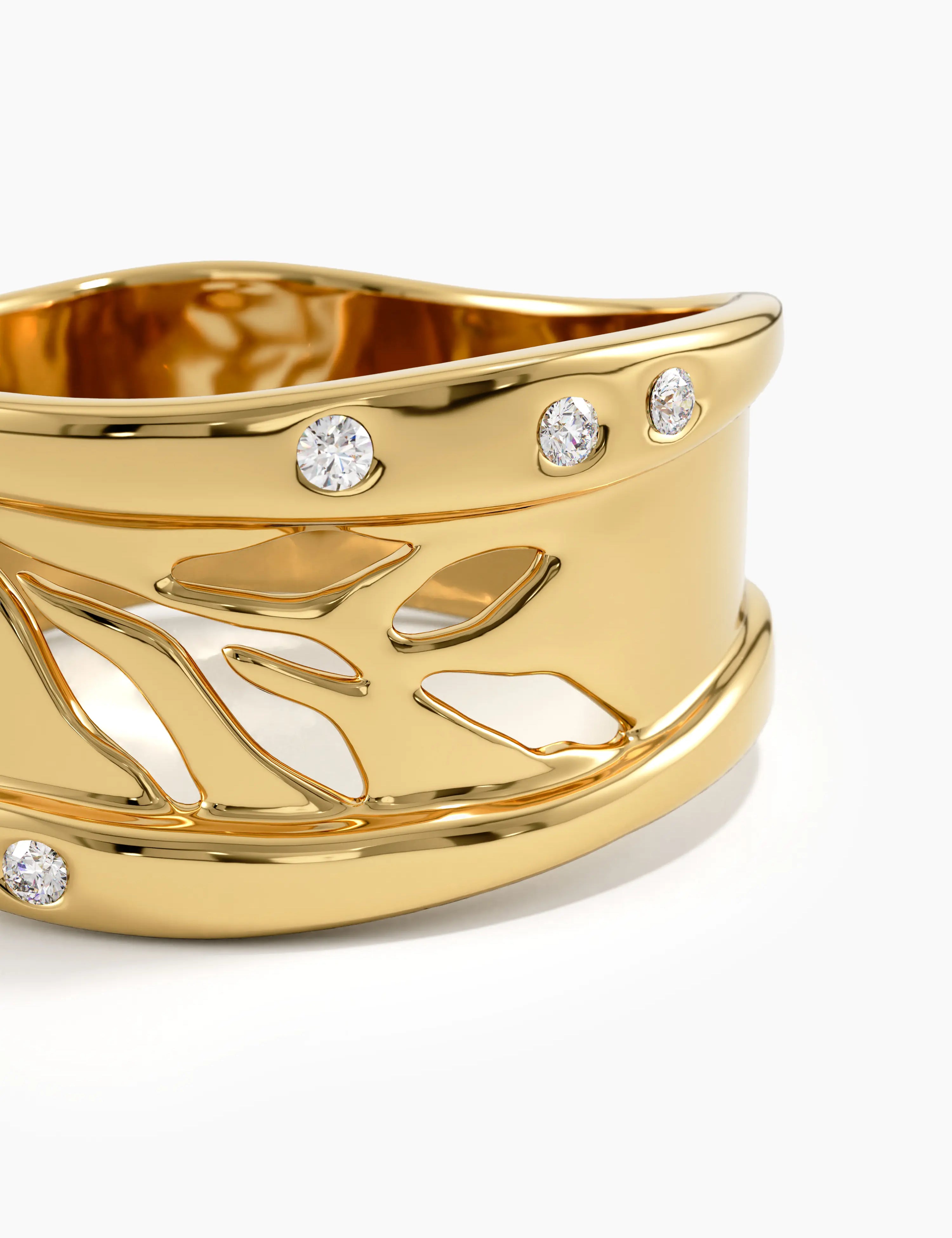 Wavy Leaf Statement Band, solid gold ring, view 2 | DiaFifth
