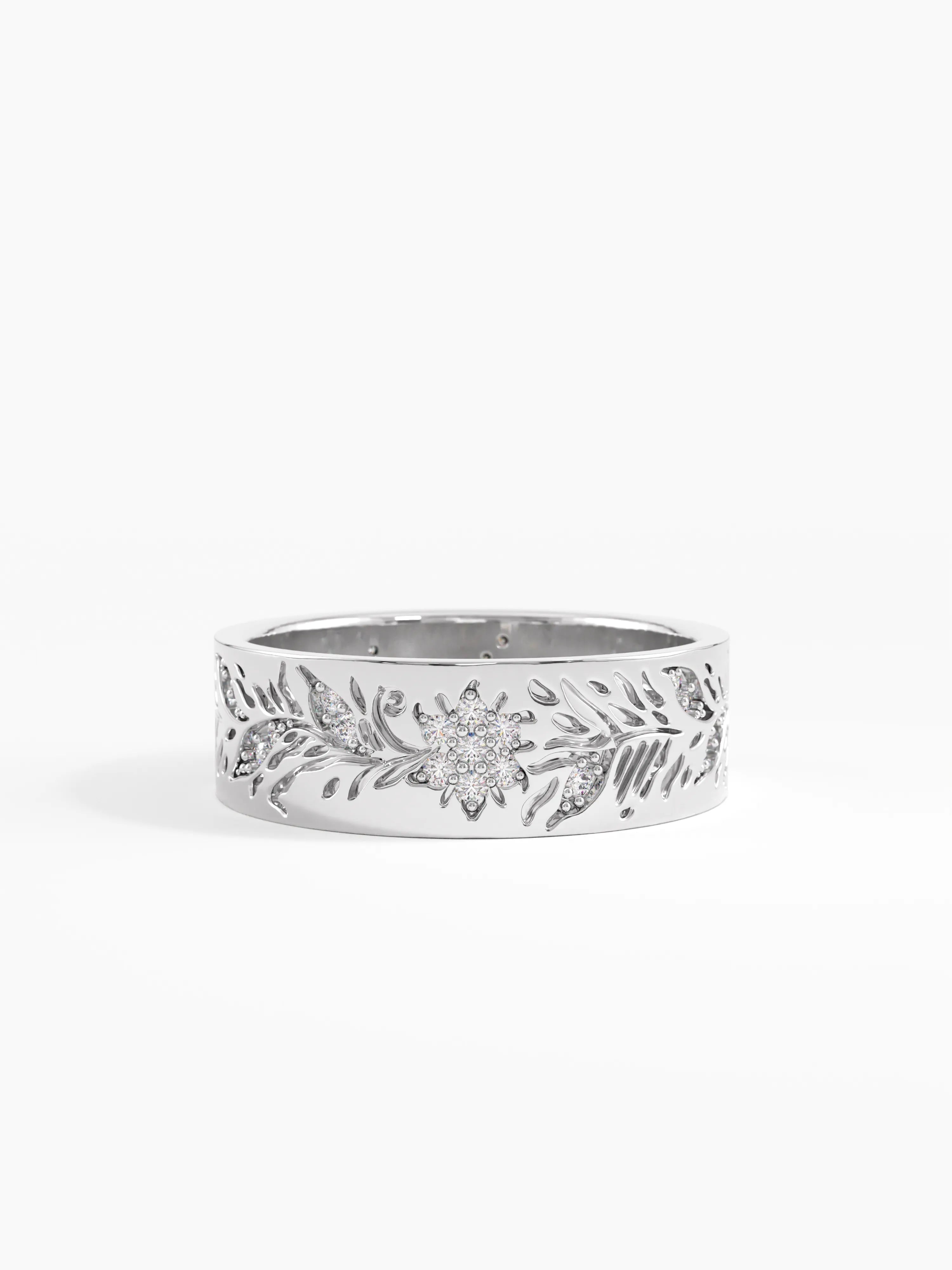 Floral Wide Wedding Band, solid gold ring, view 7 | DiaFifth