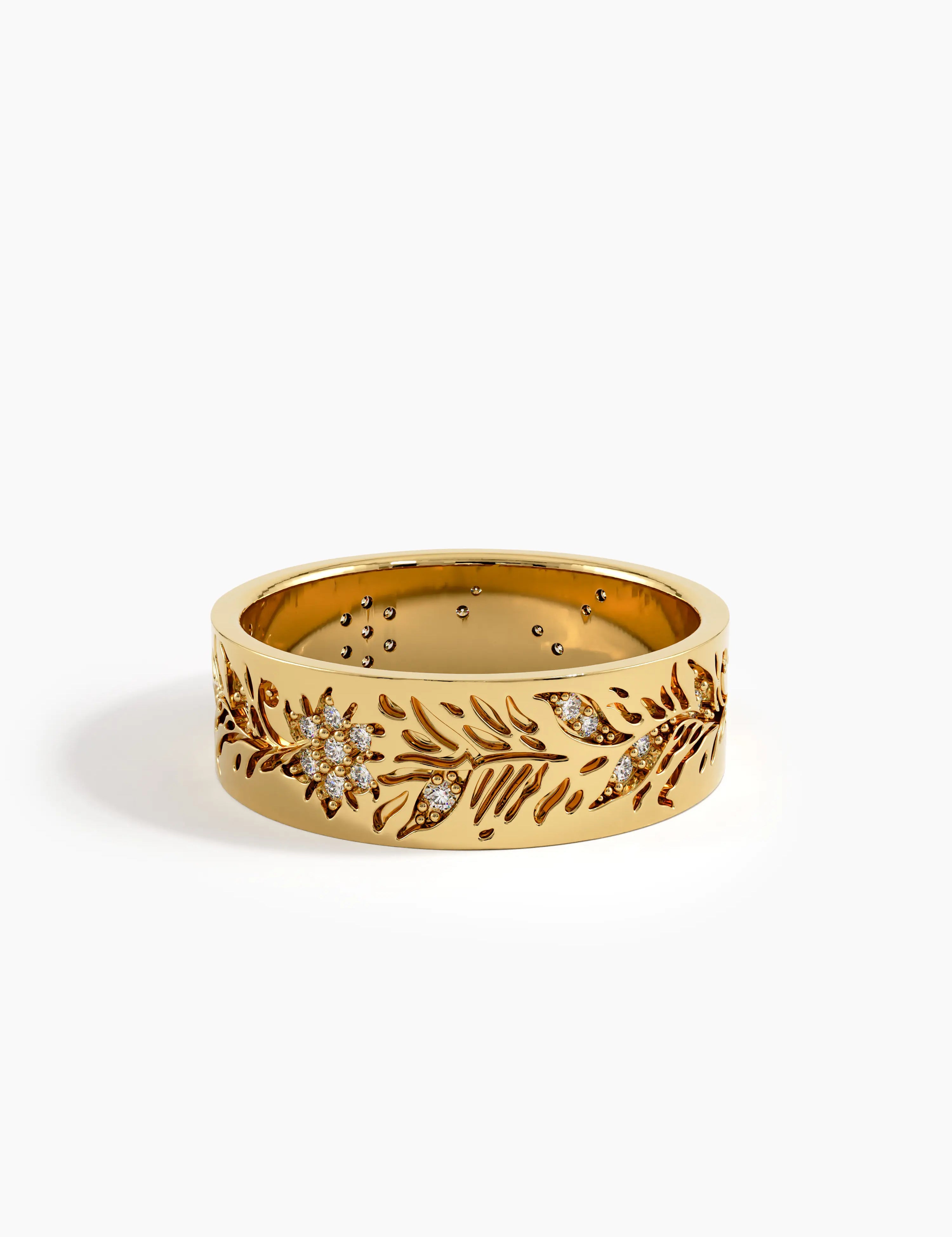 Floral Wide Wedding Band, solid gold ring, view 4 | DiaFifth