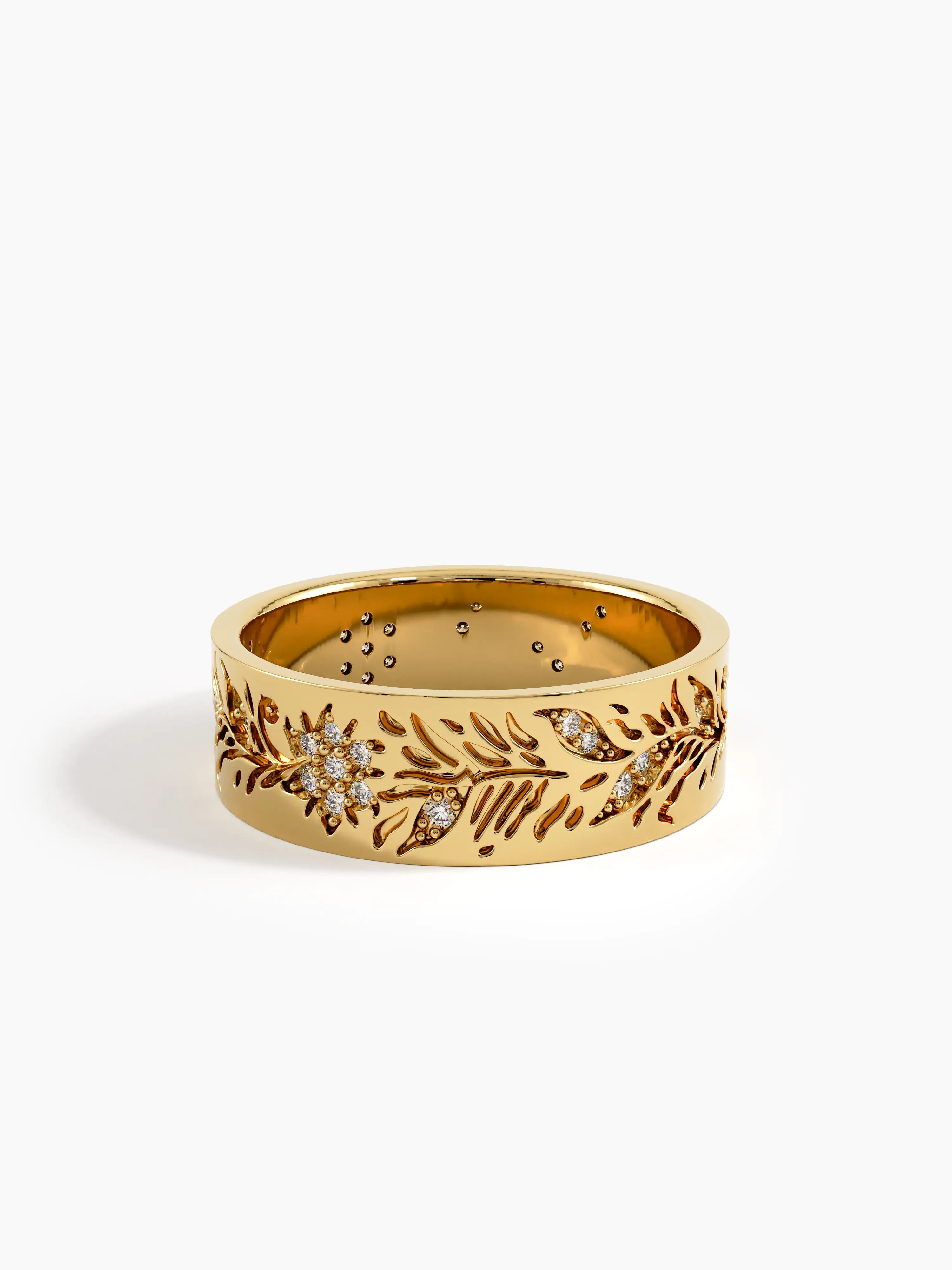 Floral Wide Wedding Band, solid gold ring, view 4 | DiaFifth