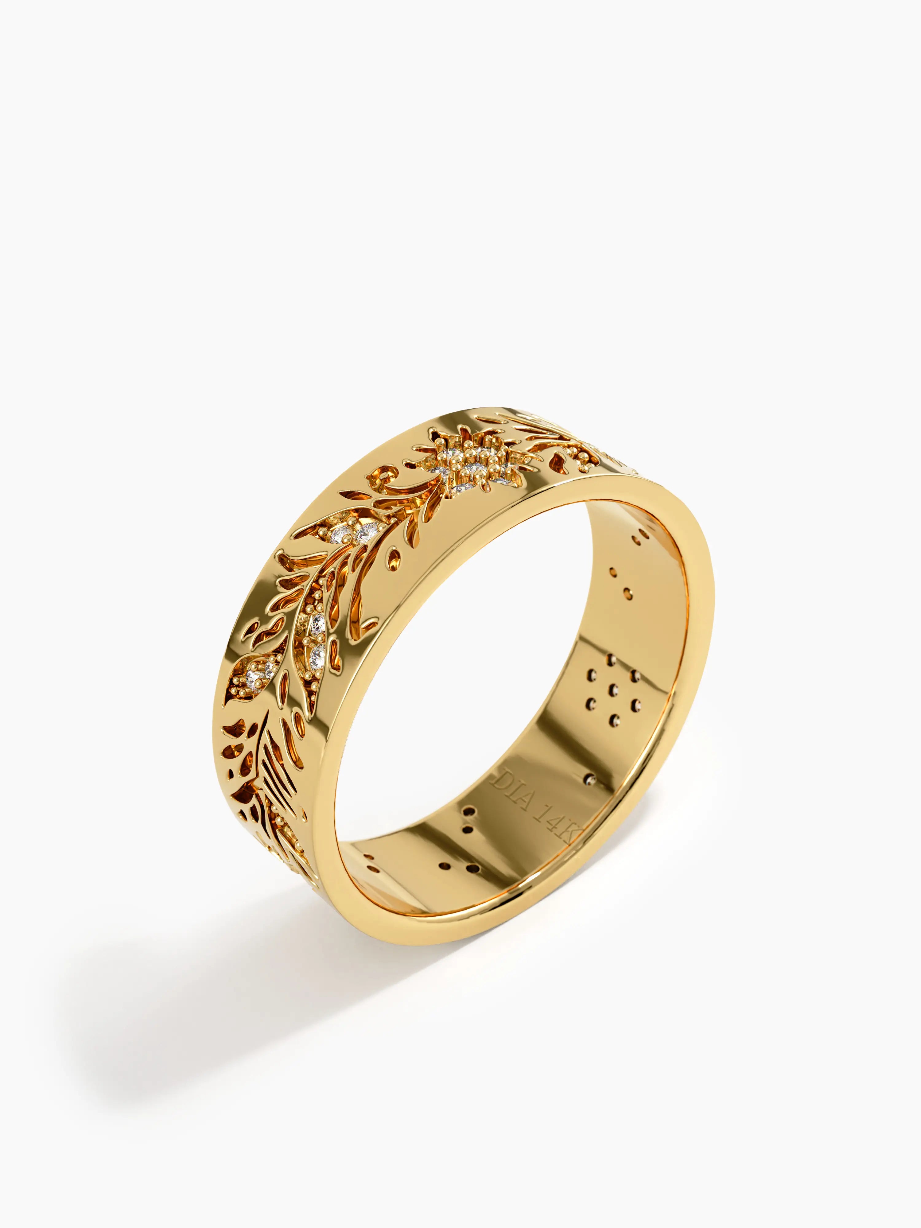 Floral Wide Wedding Band, solid gold ring, view 5 | DiaFifth