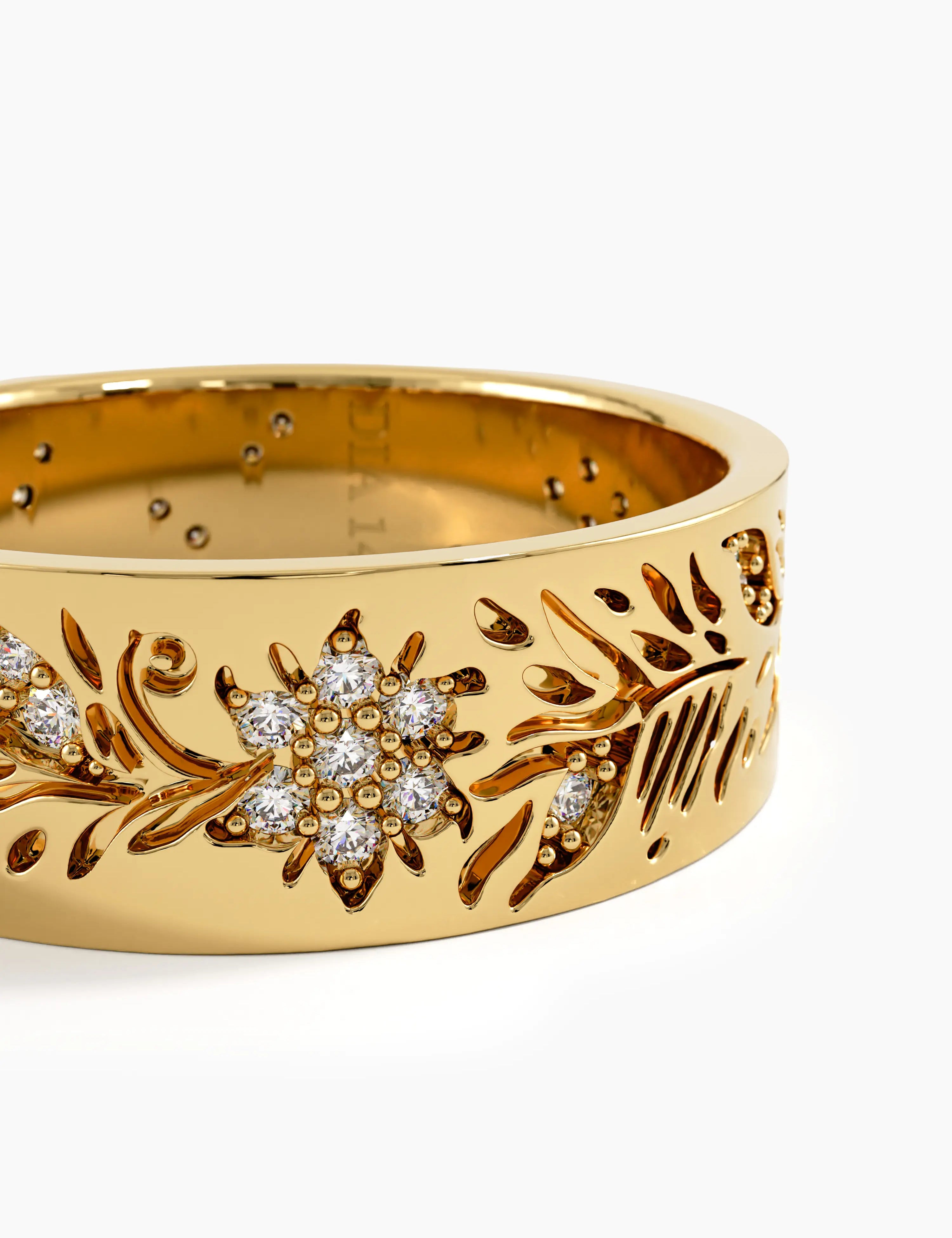 Floral Wide Wedding Band, solid gold ring, view 2 | DiaFifth