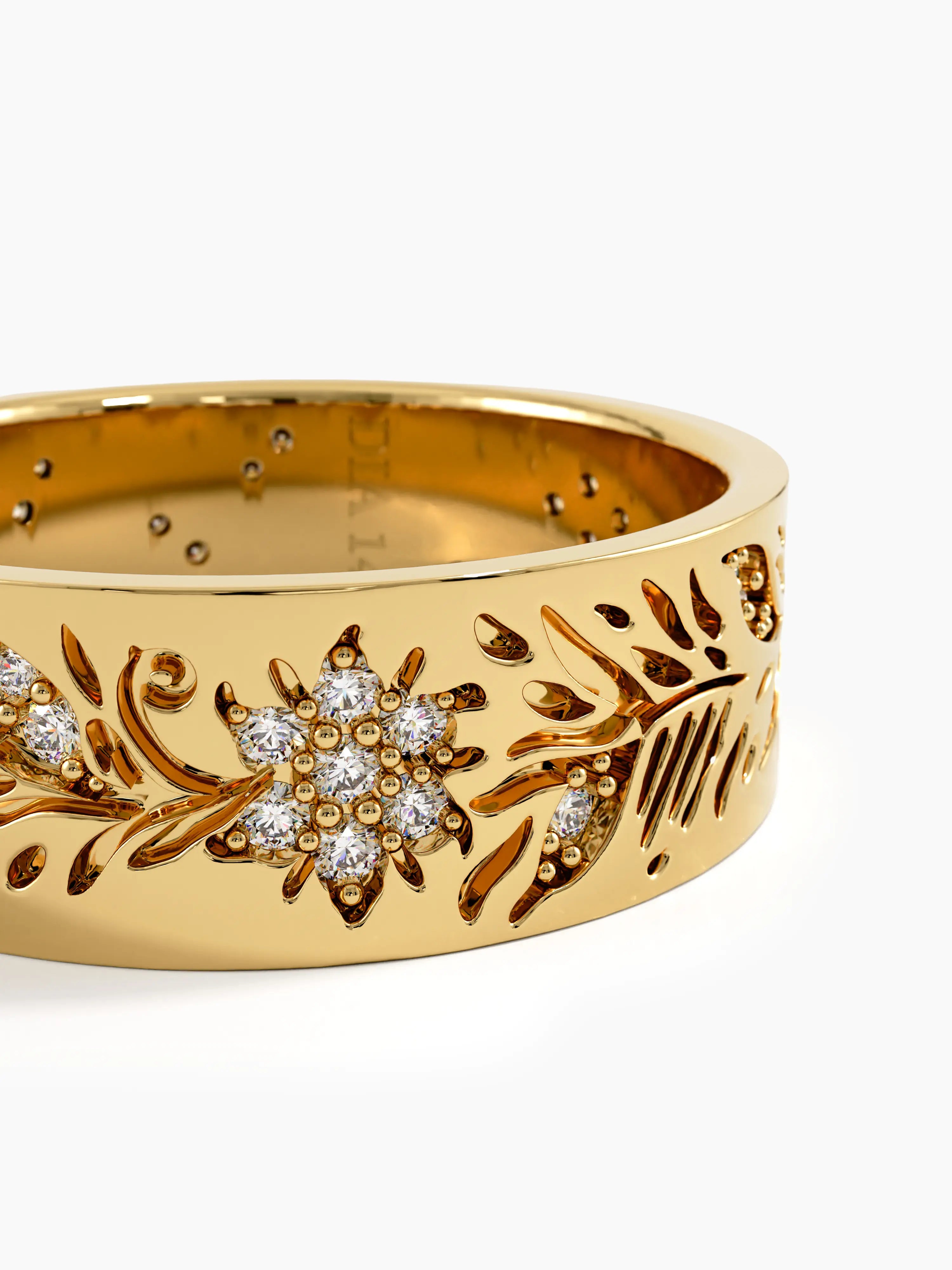 Floral Wide Wedding Band, solid gold ring, view 2 | DiaFifth