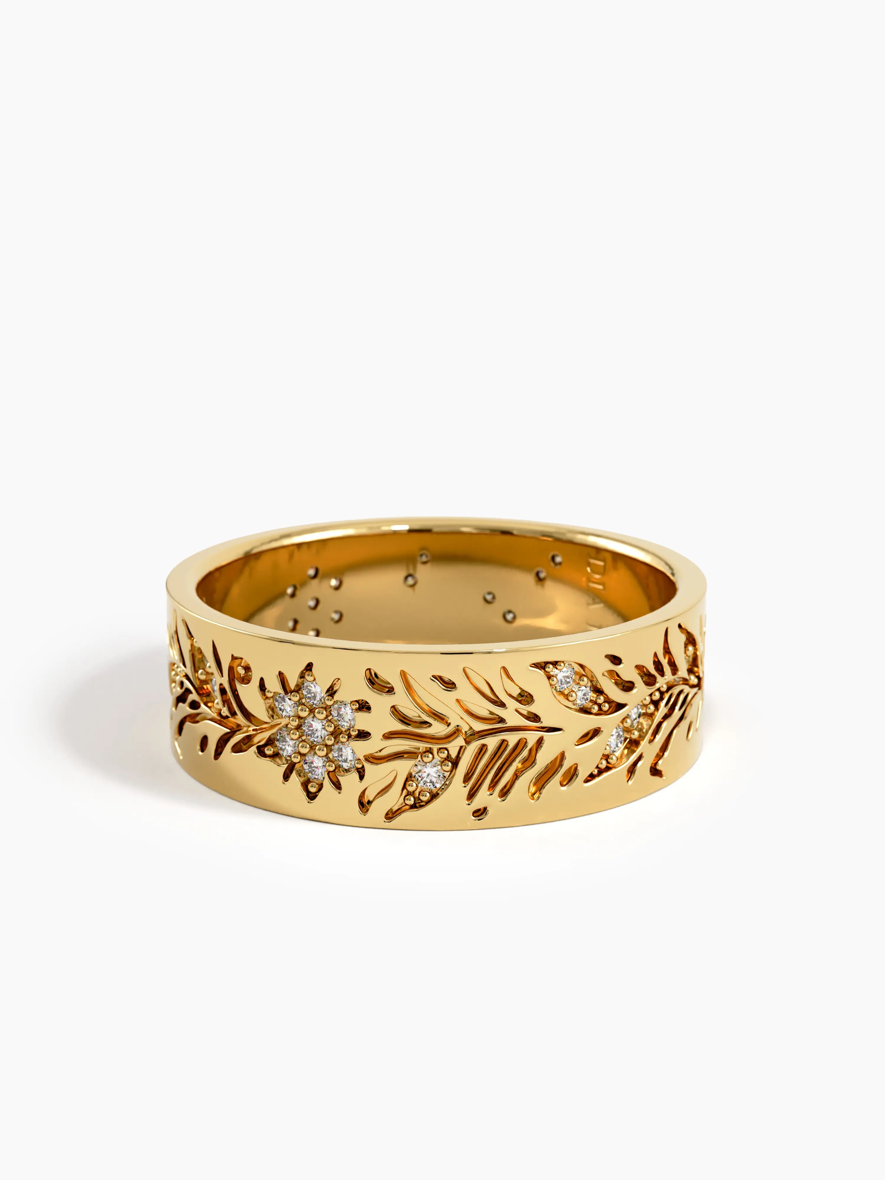 Floral Wide Wedding Band, solid gold ring, view 8 | DiaFifth