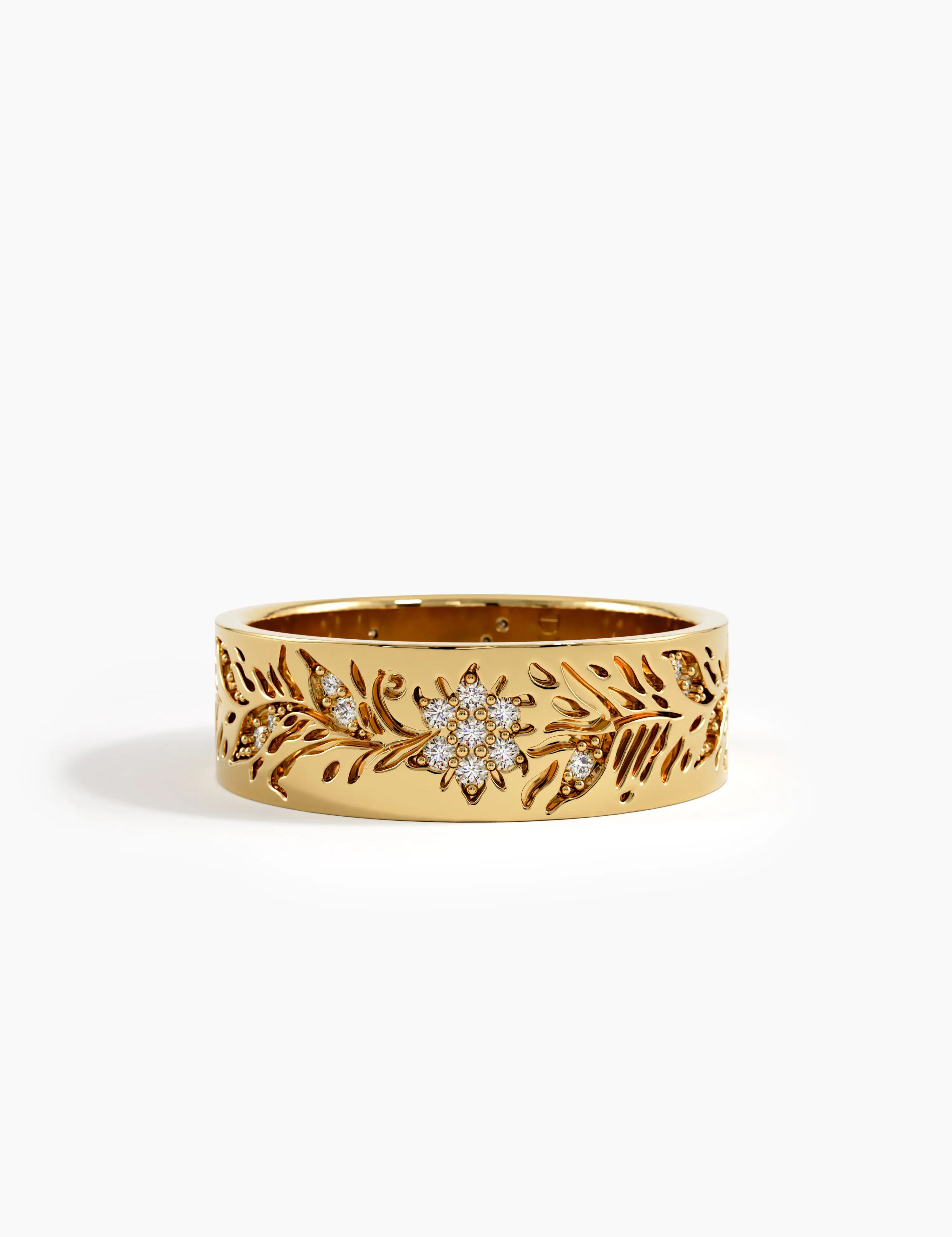 Floral Wide Wedding Band, solid gold ring | DiaFifth