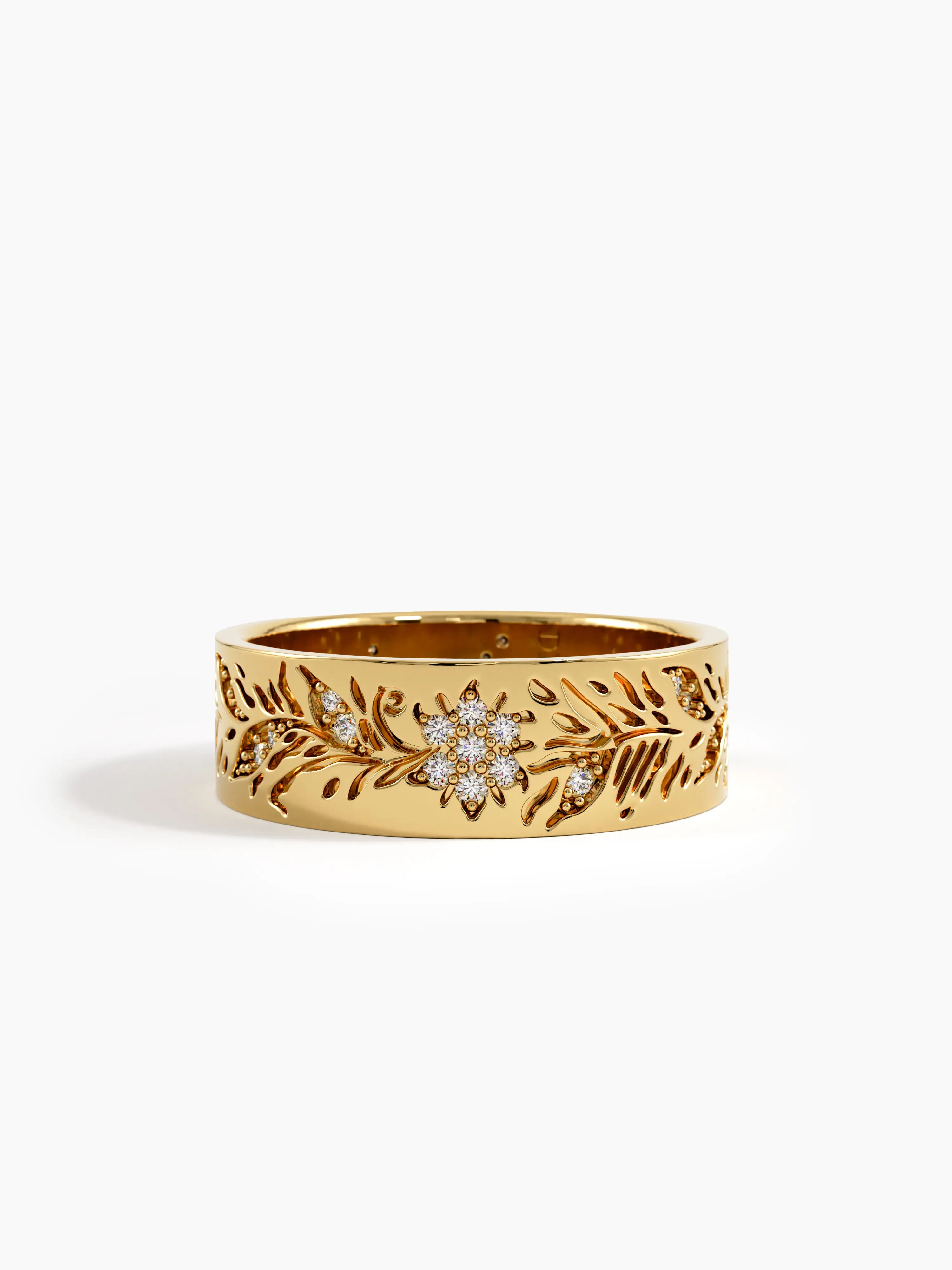 Floral Wide Wedding Band, solid gold ring | DiaFifth