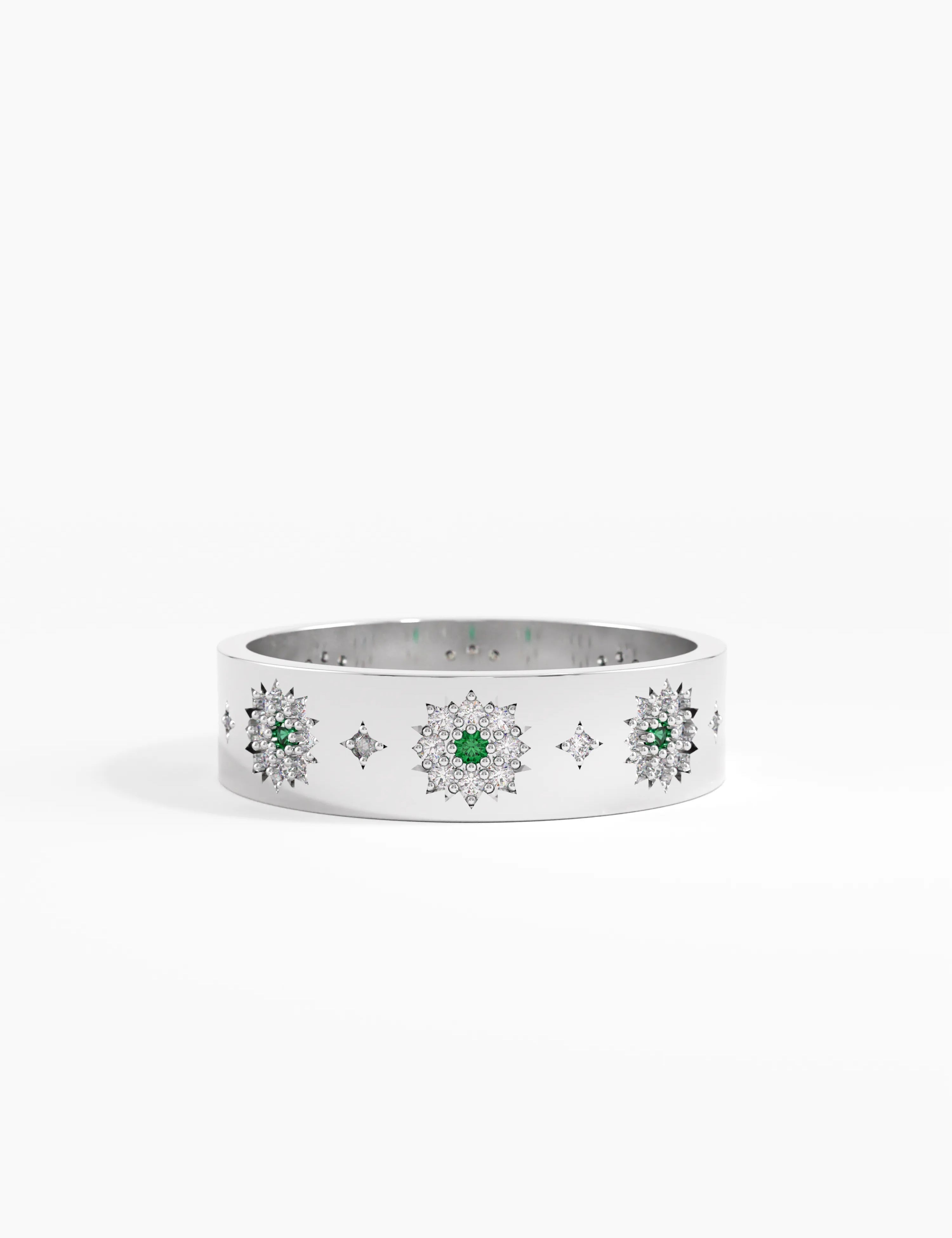 Emerald Flower Wedding Band, solid gold ring, view 7 | DiaFifth
