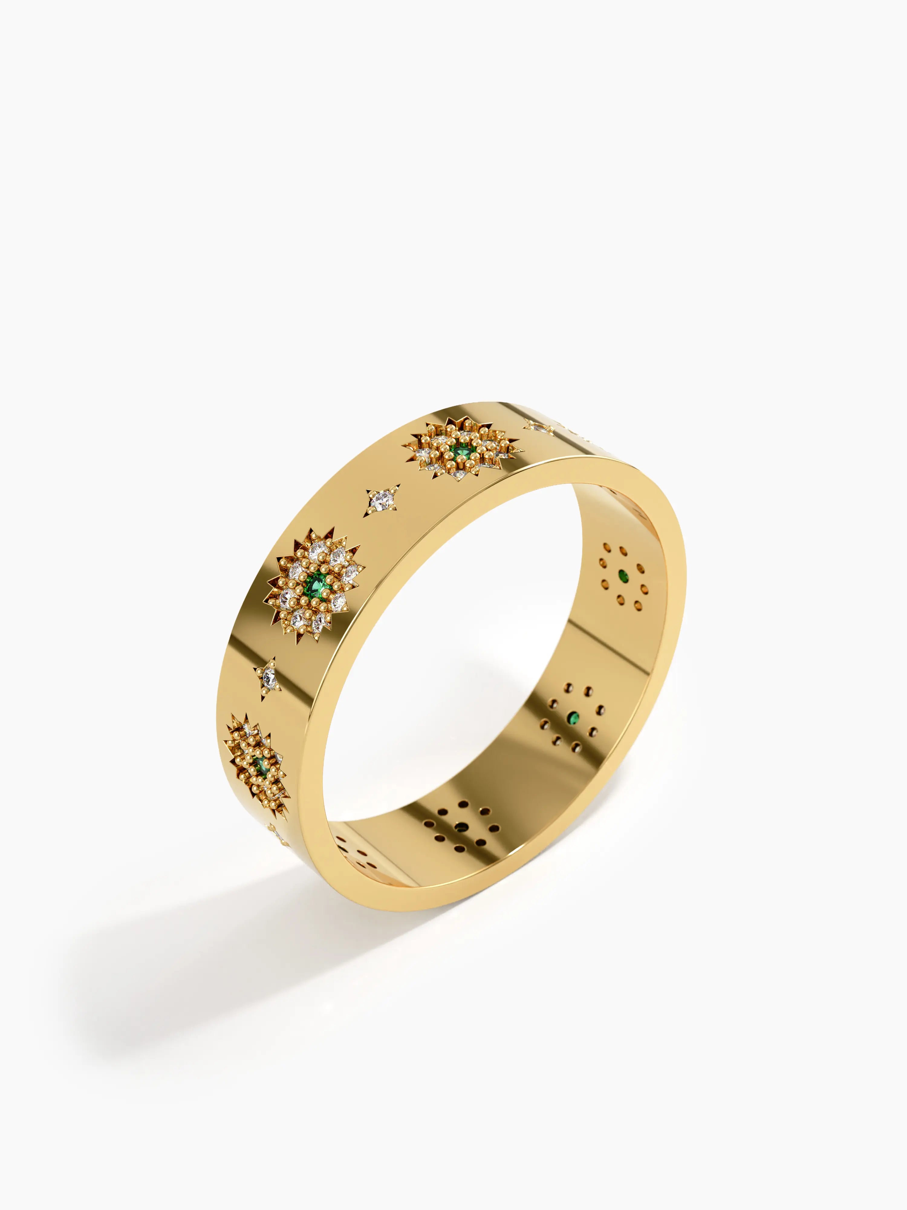 Emerald Flower Wedding Band, solid gold ring, view 5 | DiaFifth