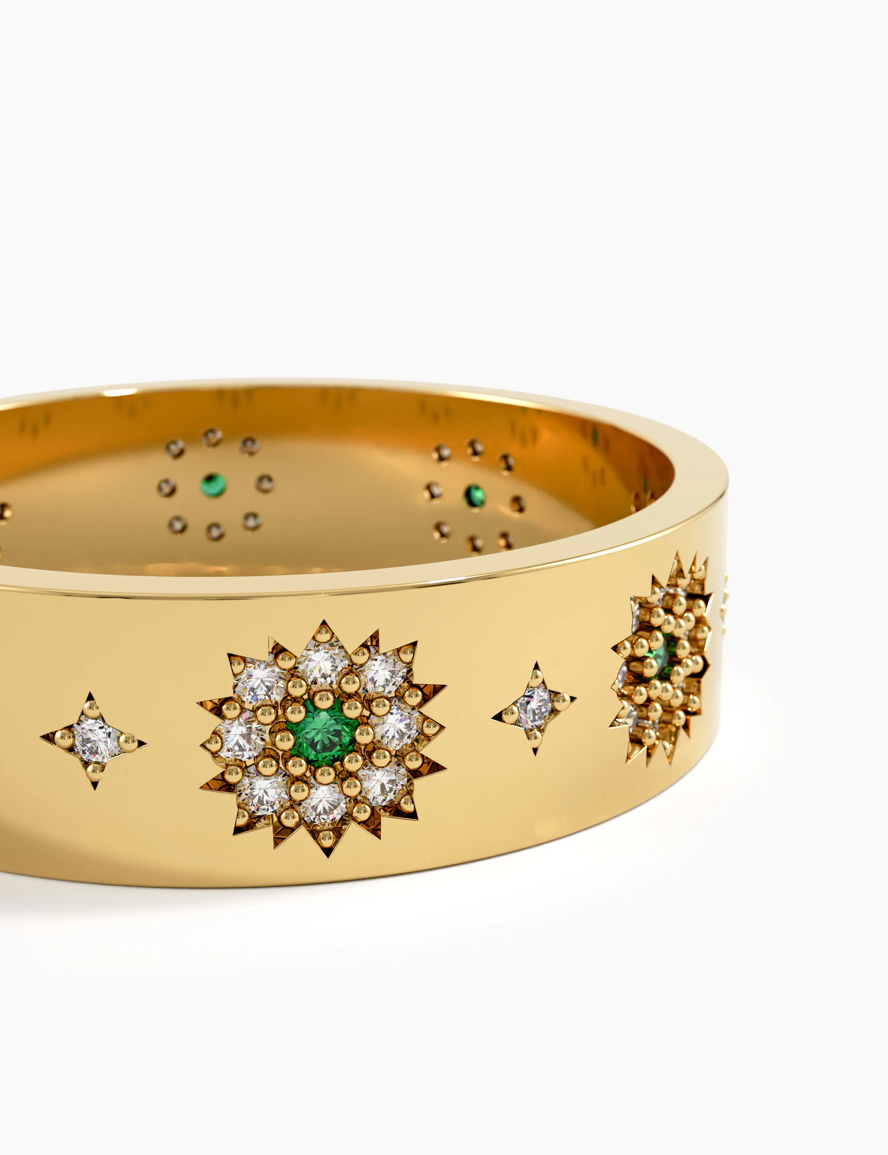 Emerald Flower Wedding Band, solid gold ring, view 2 | DiaFifth