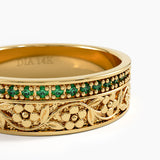 Side Pave Flower Wedding Band, solid gold ring, view 2 | DiaFifth