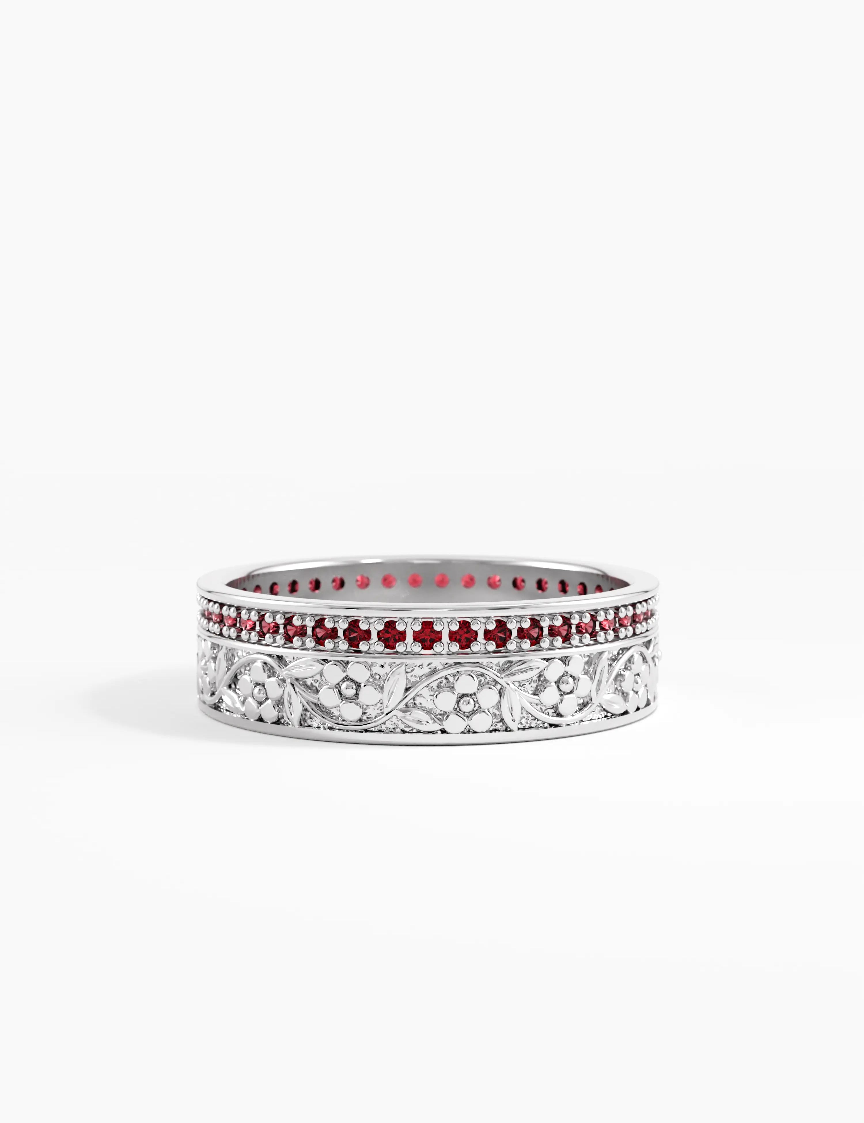 Pave Garnet Flower Wedding Band, solid gold ring, view 7 | DiaFifth