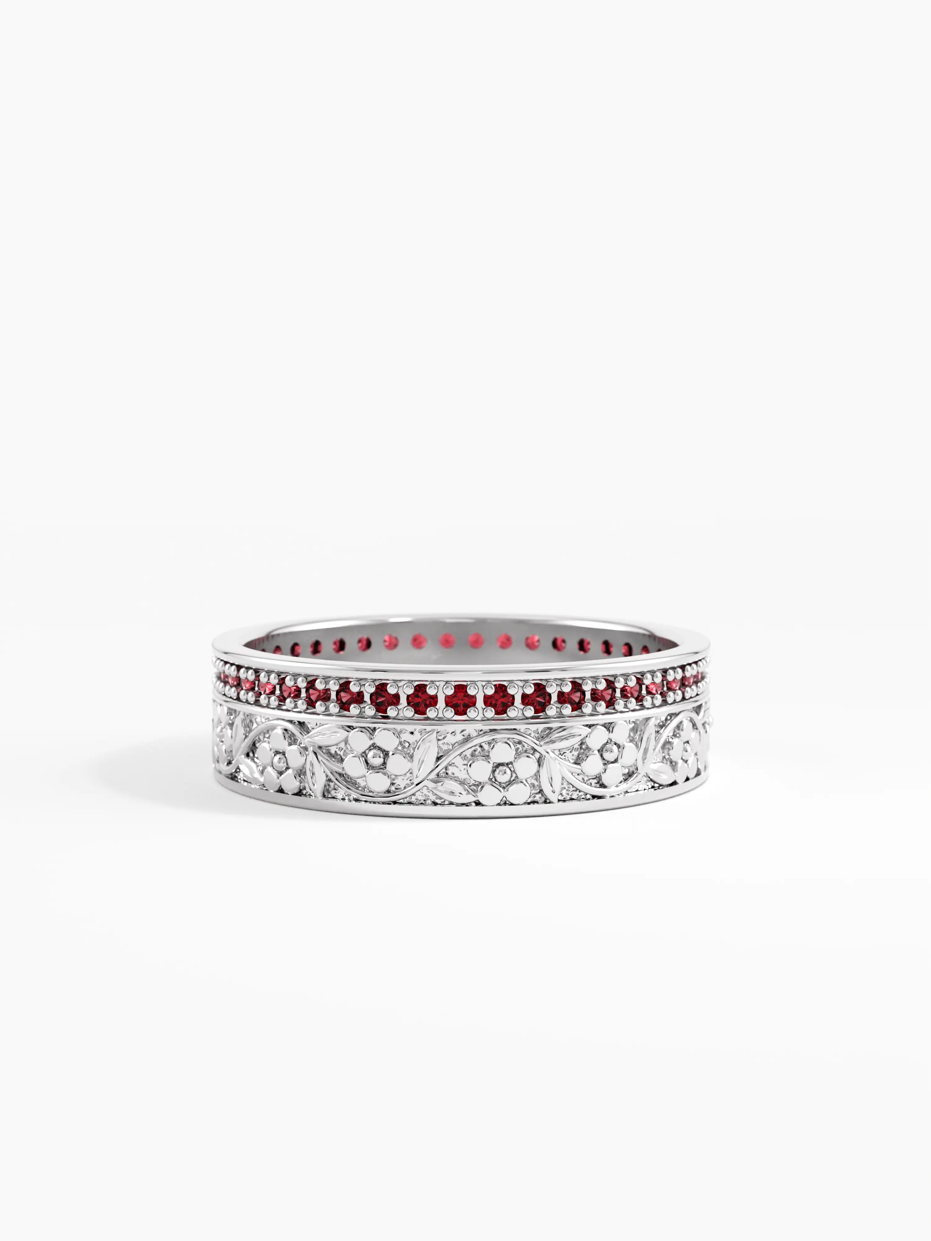Pave Garnet Flower Wedding Band, solid gold ring, view 7 | DiaFifth