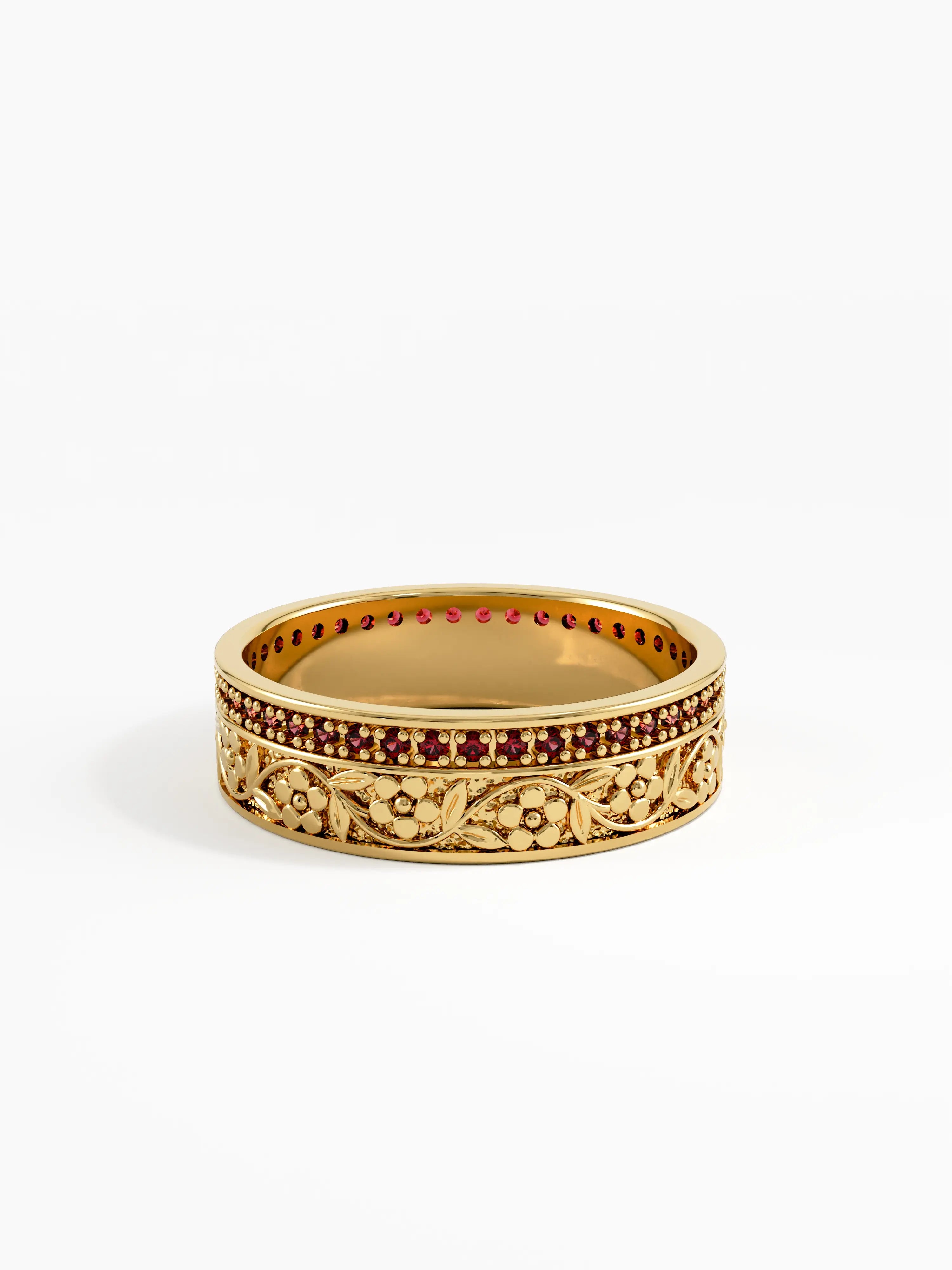 Pave Garnet Flower Wedding Band, solid gold ring, view 4 | DiaFifth