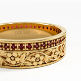 Pave Garnet Flower Wedding Band, solid gold ring, view 2 | DiaFifth