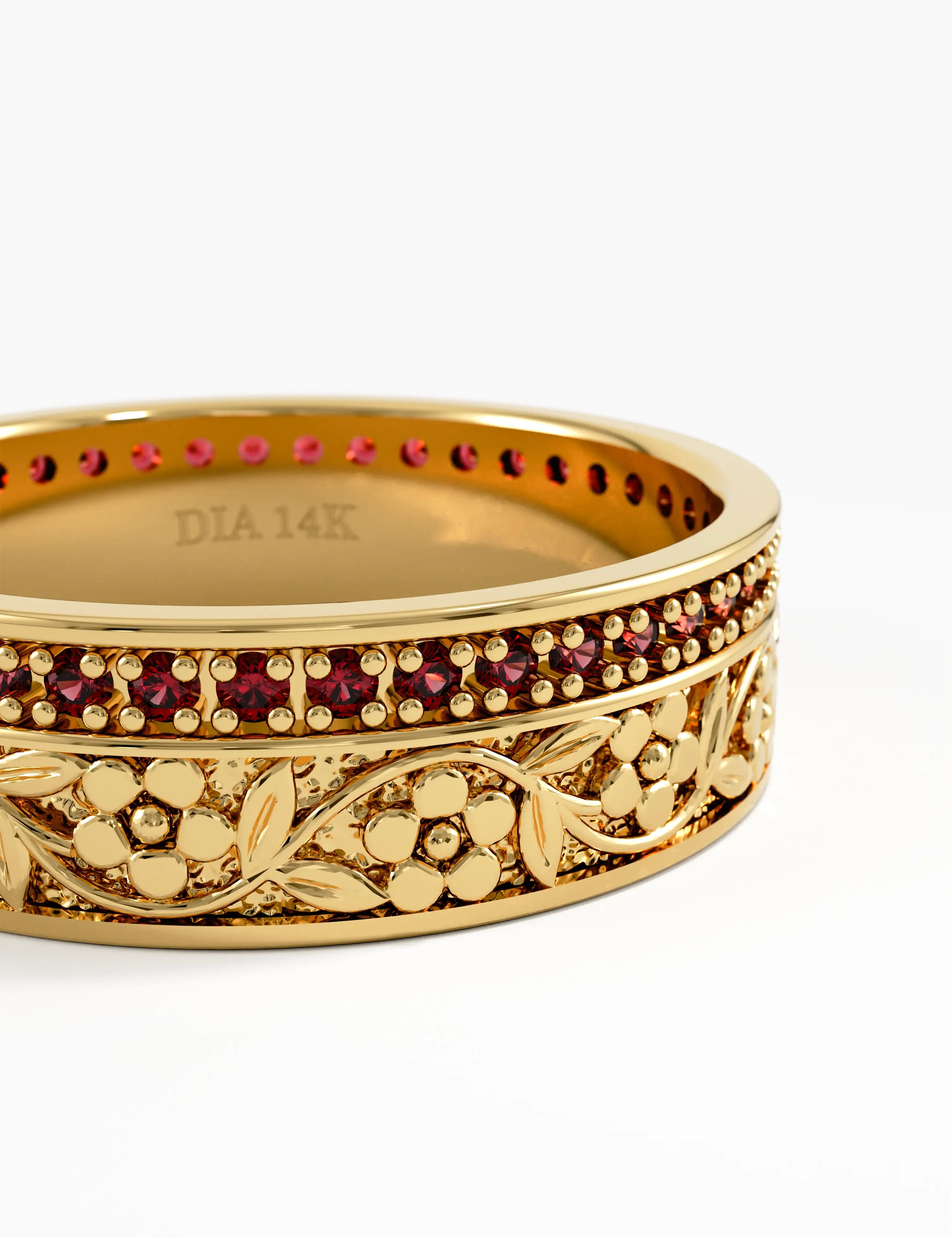Pave Garnet Flower Wedding Band, solid gold ring, view 2 | DiaFifth