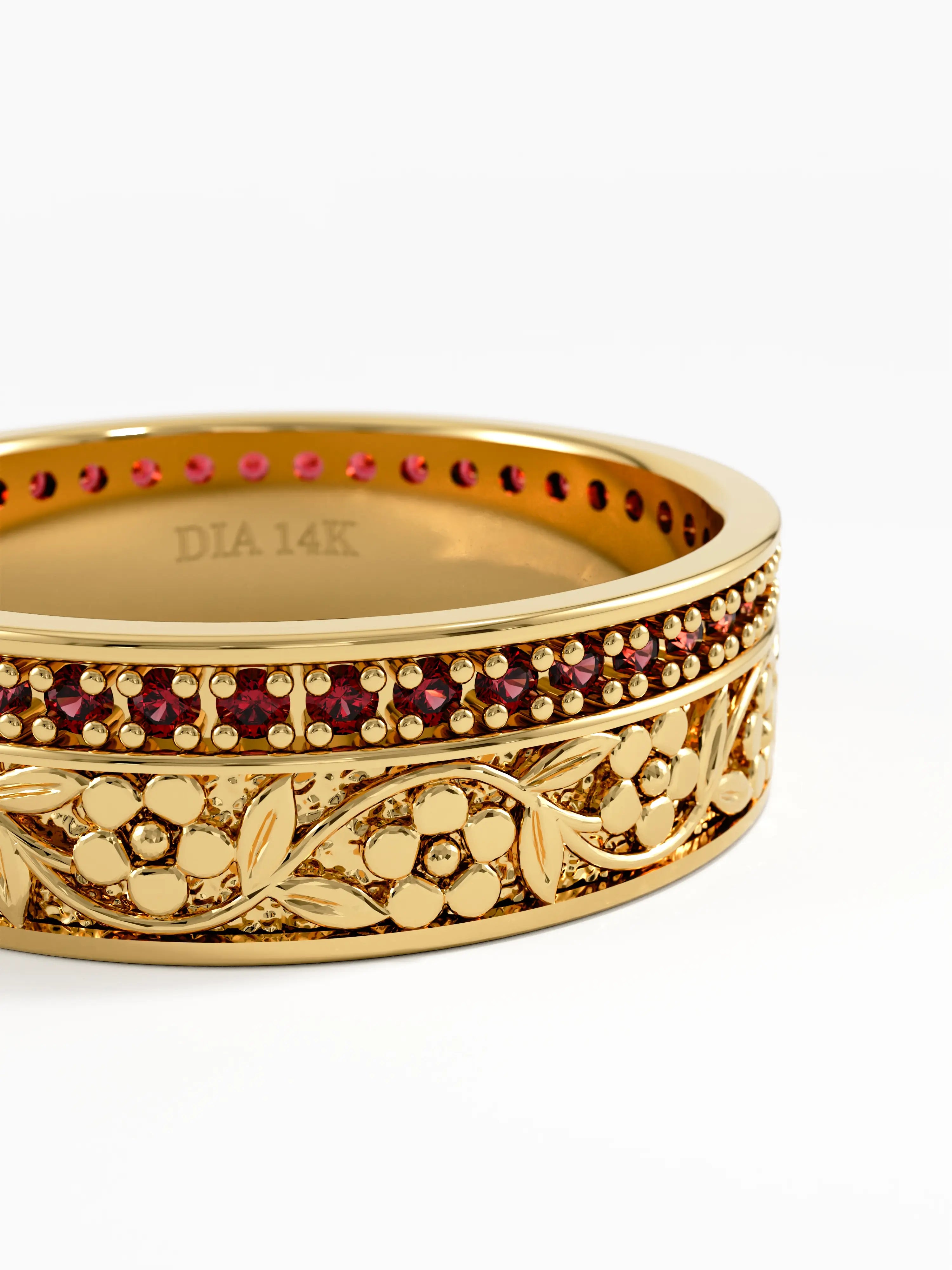 Pave Garnet Flower Wedding Band, solid gold ring, view 2 | DiaFifth