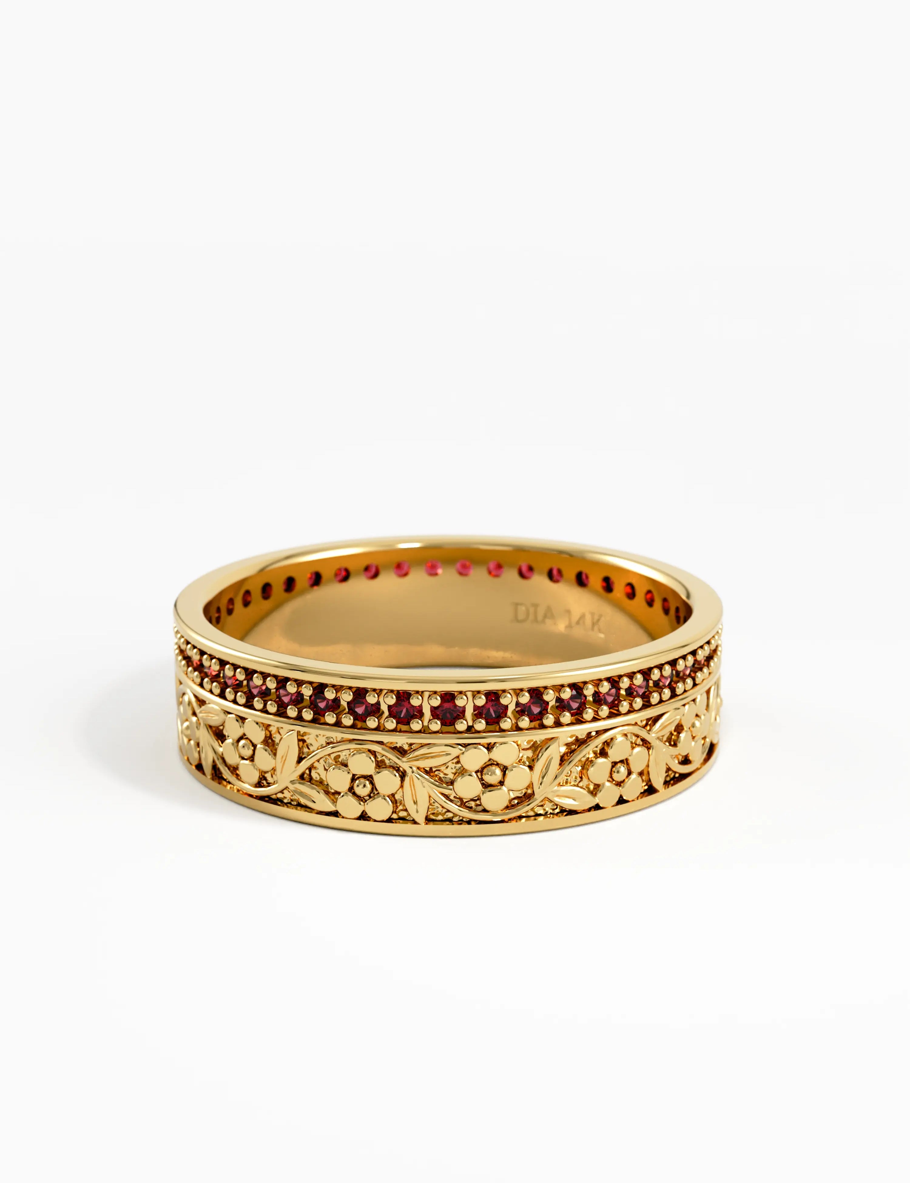 Pave Garnet Flower Wedding Band, solid gold ring, view 8 | DiaFifth