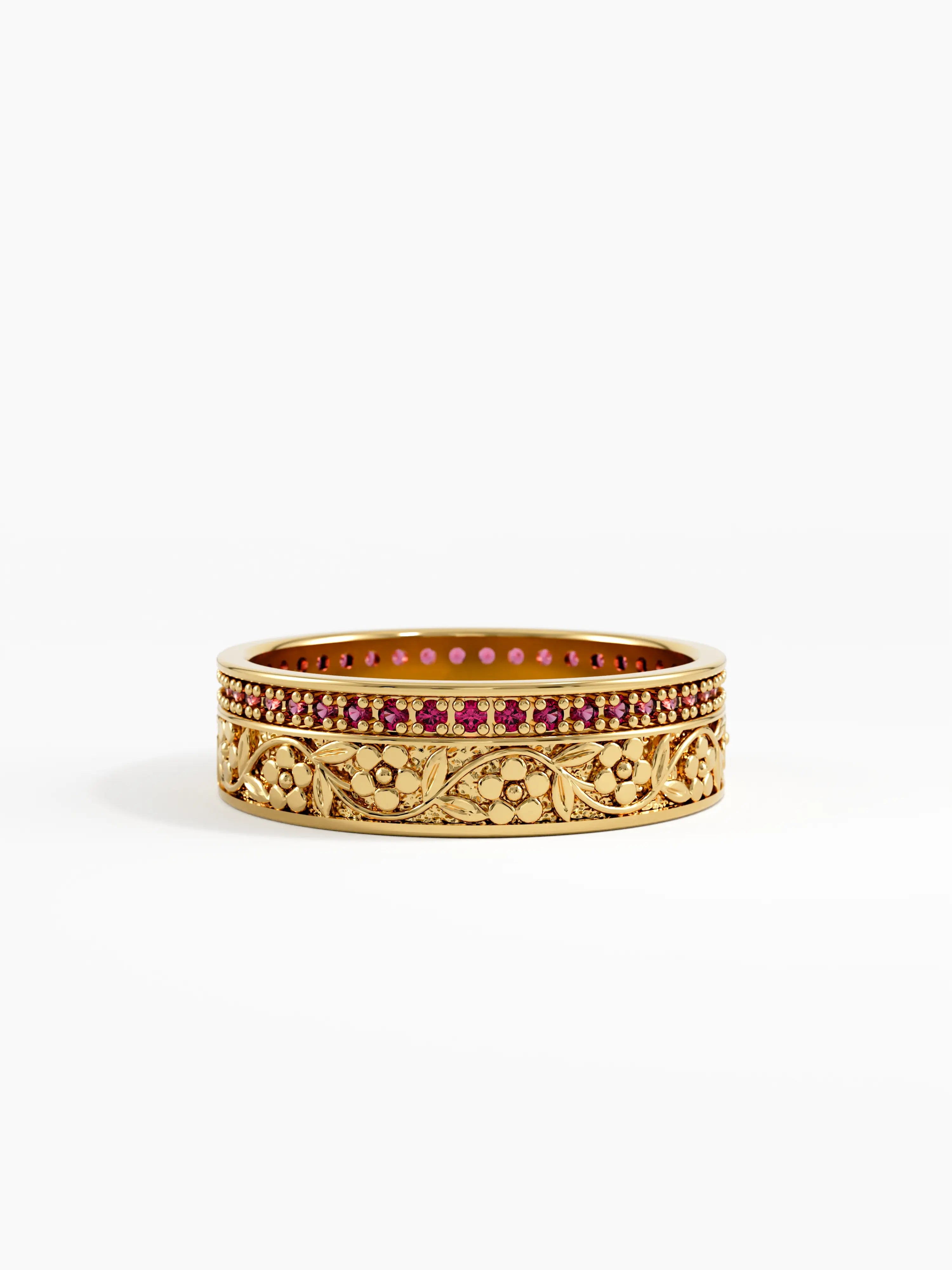 Pave Ruby Flower Wedding Band, solid gold ring | DiaFifth