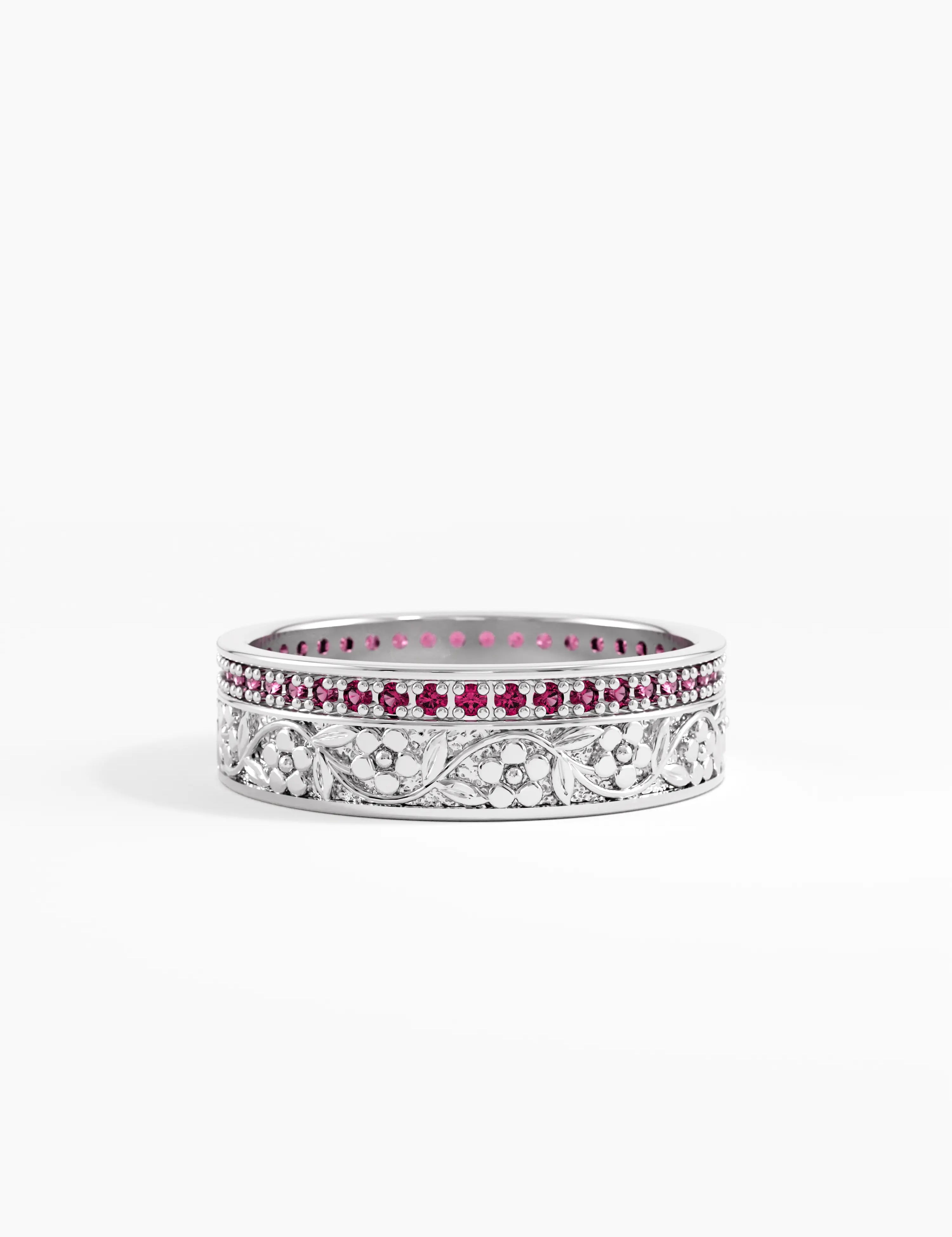 Pave Ruby Flower Wedding Band, solid gold ring, view 3 | DiaFifth