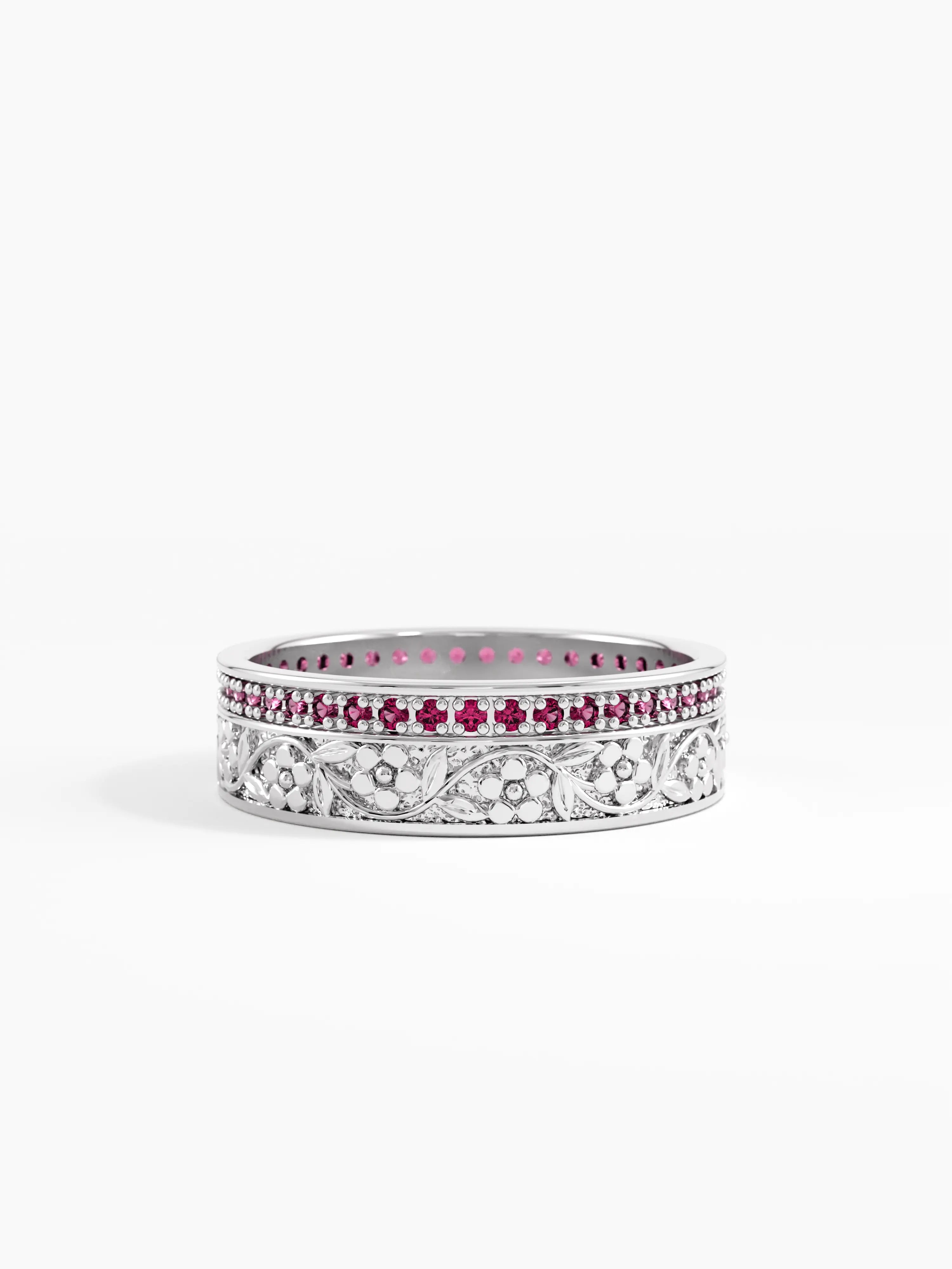 Pave Ruby Flower Wedding Band, solid gold ring, view 3 | DiaFifth