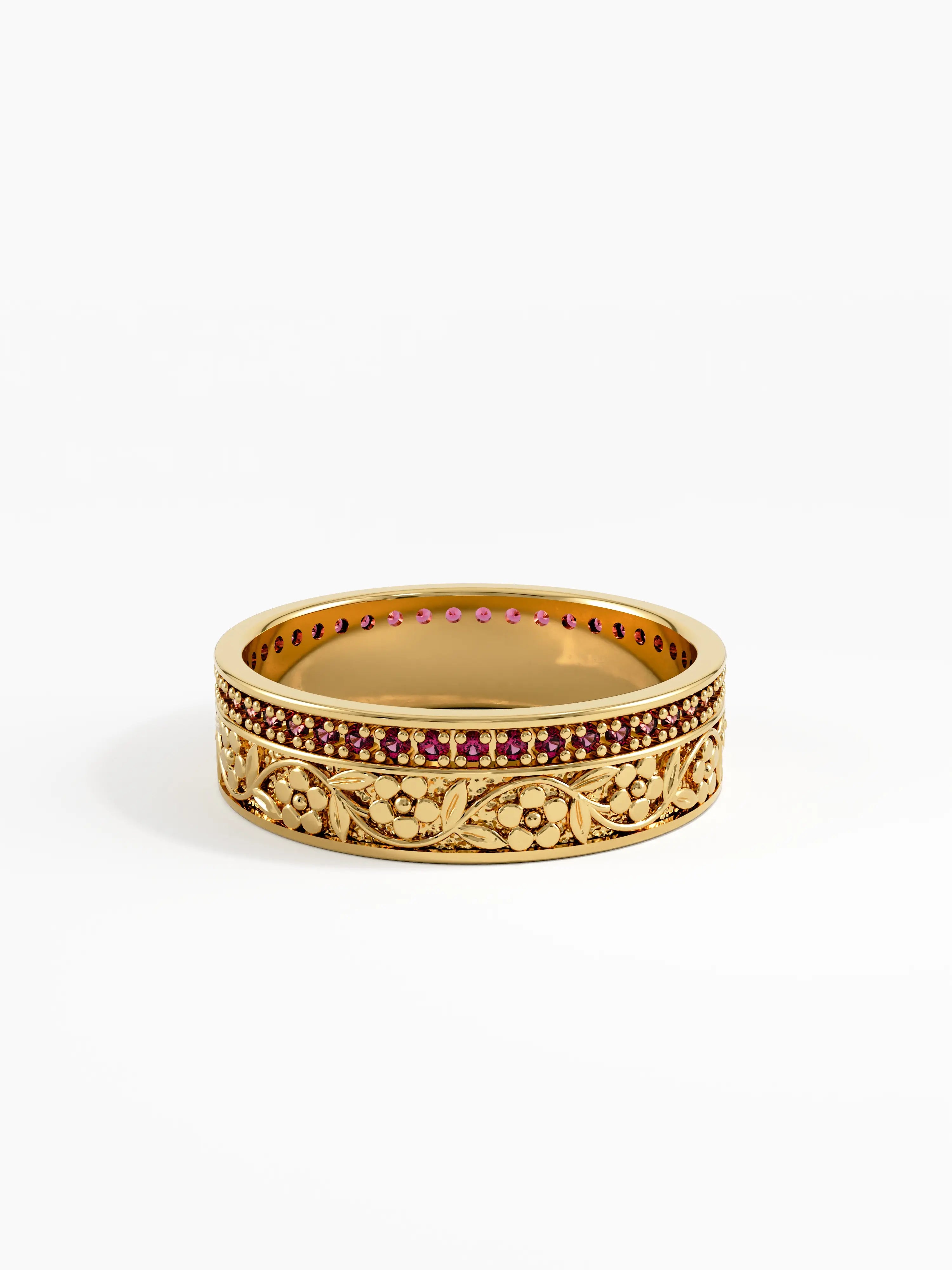 Pave Ruby Flower Wedding Band, solid gold ring, view 4 | DiaFifth