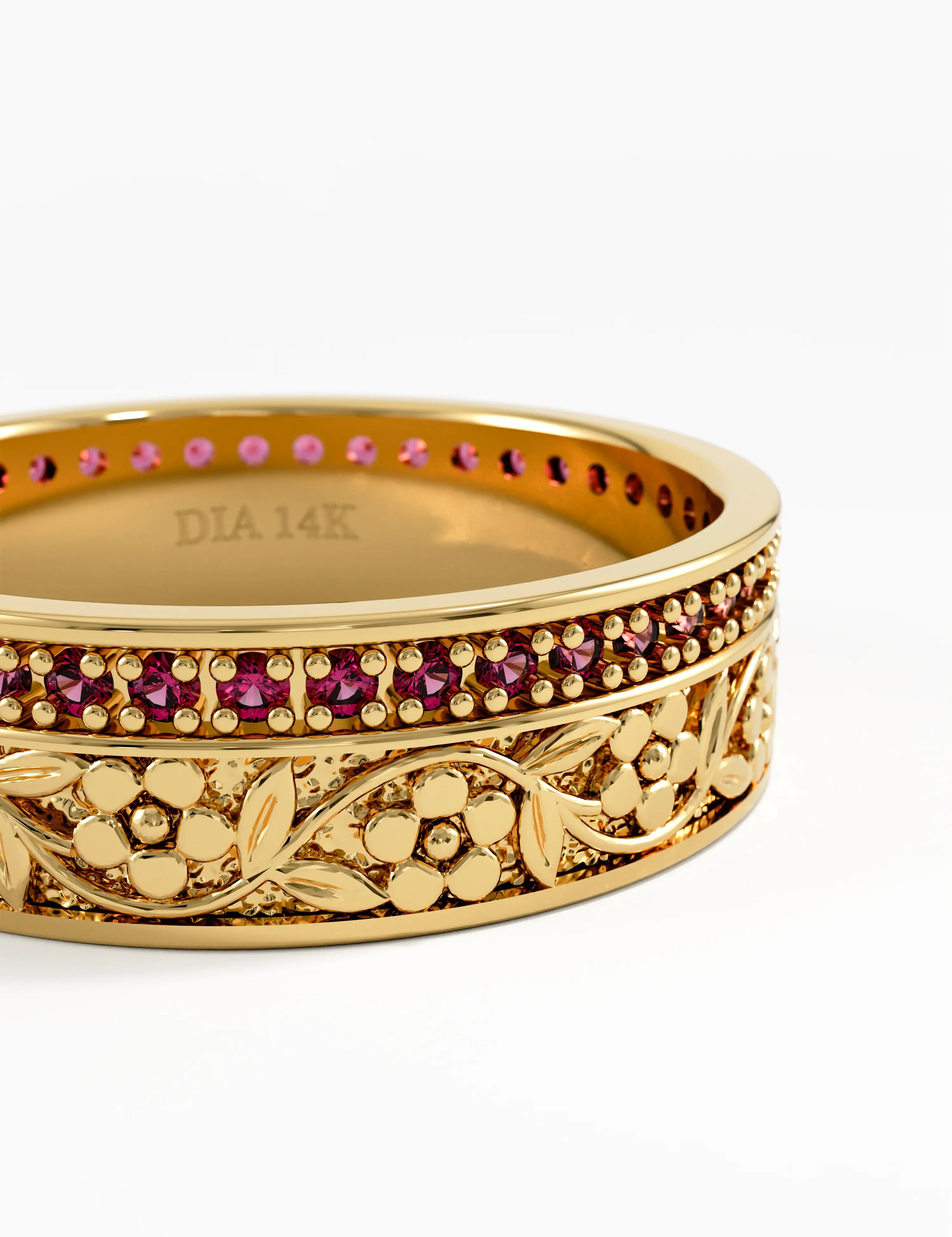 Pave Ruby Flower Wedding Band, solid gold ring, view 2 | DiaFifth