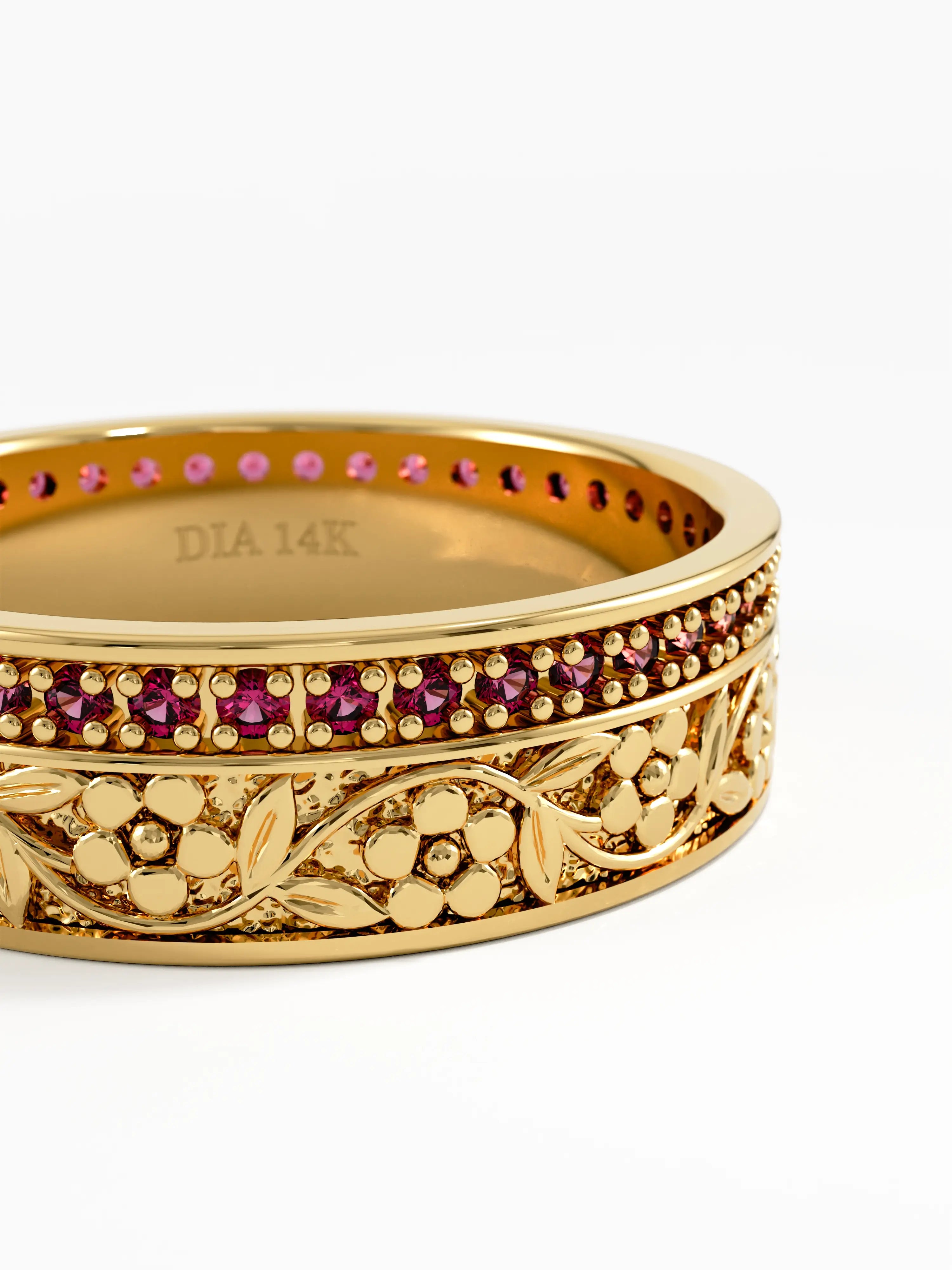 Pave Ruby Flower Wedding Band, solid gold ring, view 2 | DiaFifth