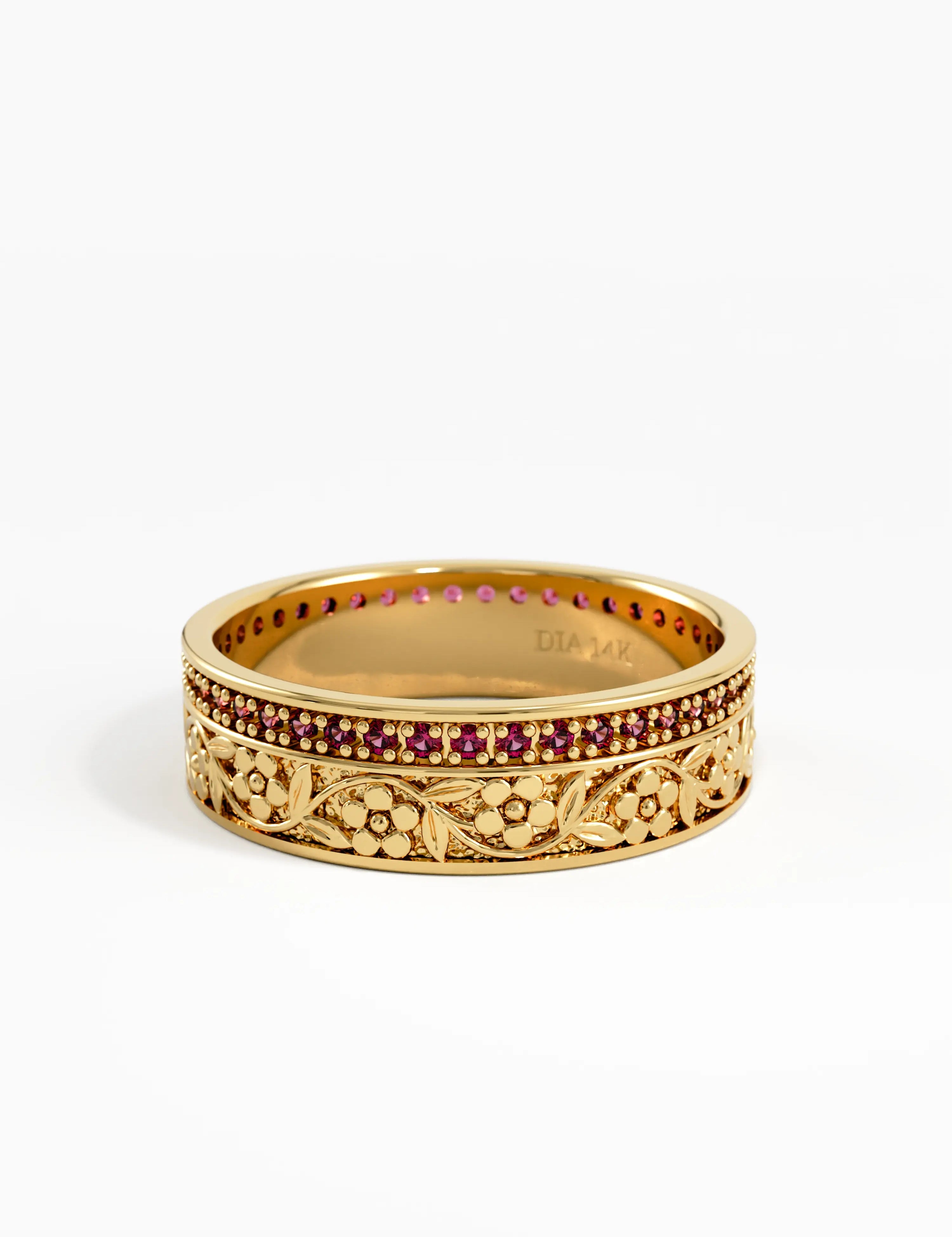 Pave Ruby Flower Wedding Band, solid gold ring, view 8 | DiaFifth