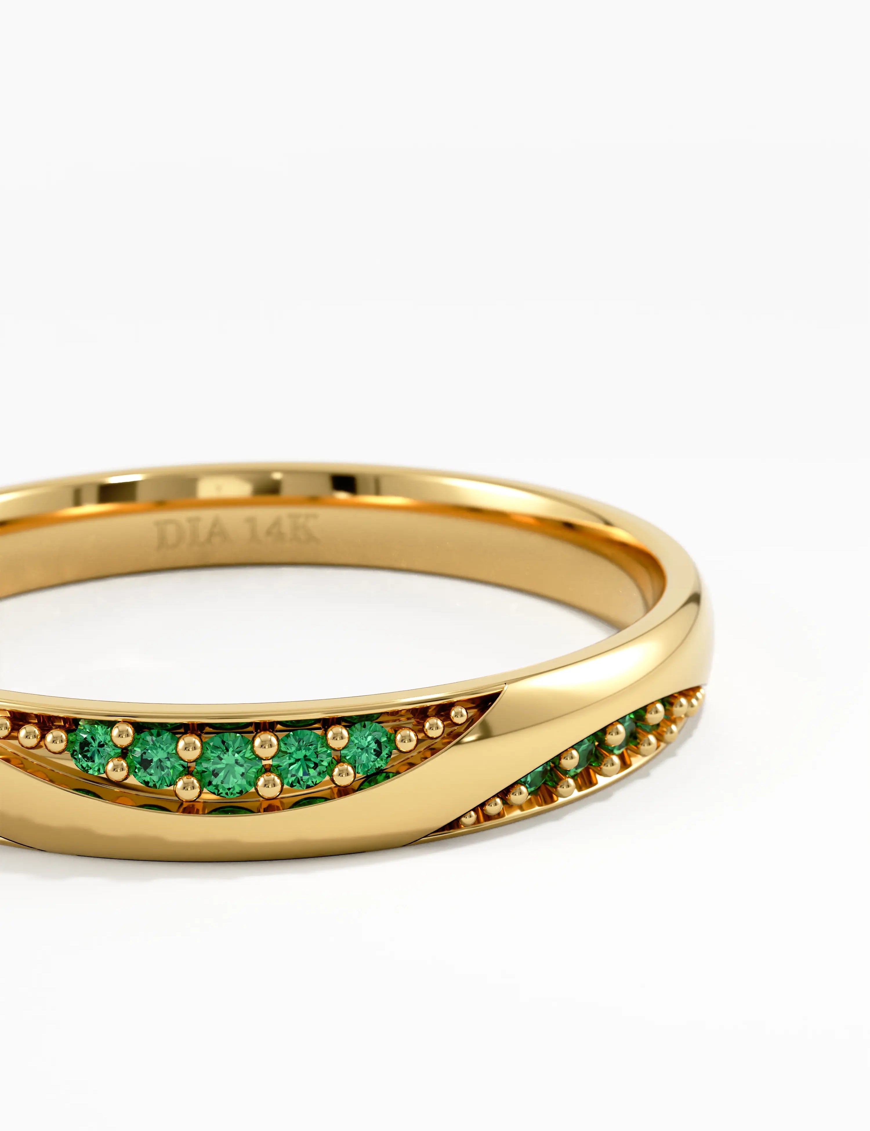 Wavy Emerald Wedding Band, solid gold ring, view 2 | DiaFifth