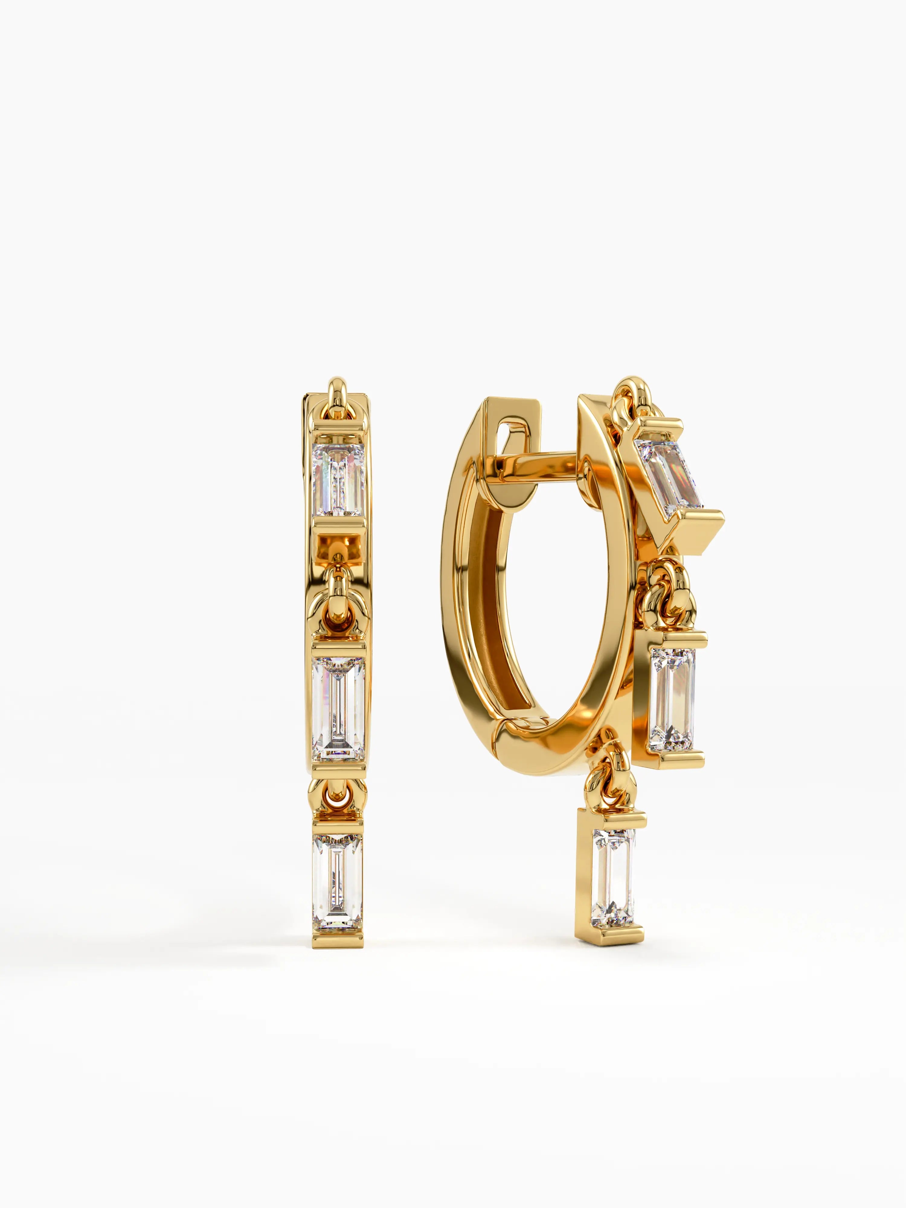 Dangle Baguette Hoops, solid gold earrings | DiaFifth