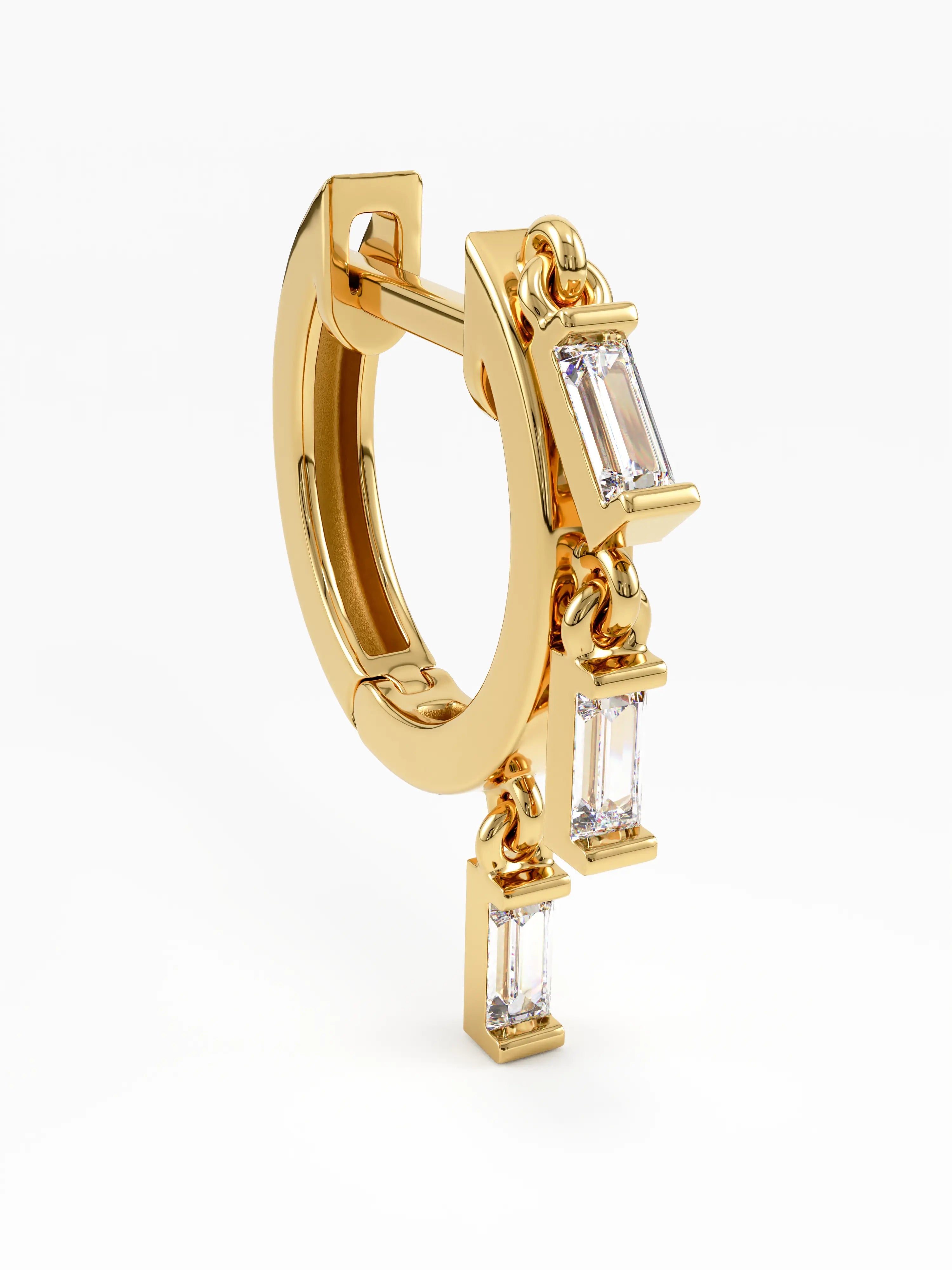 Dangle Baguette Hoops, solid gold earrings, view 2 | DiaFifth