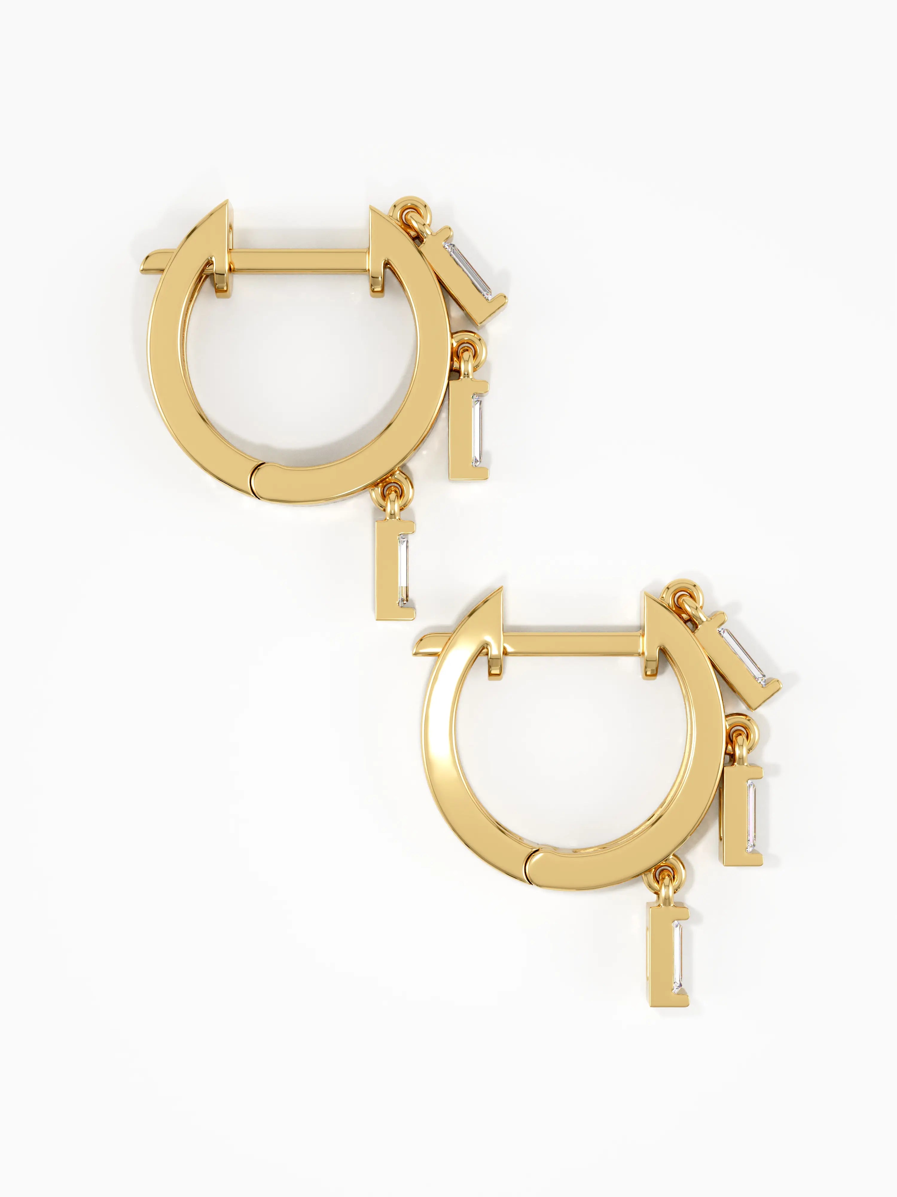 Dangle Baguette Hoops, solid gold earrings, view 6 | DiaFifth