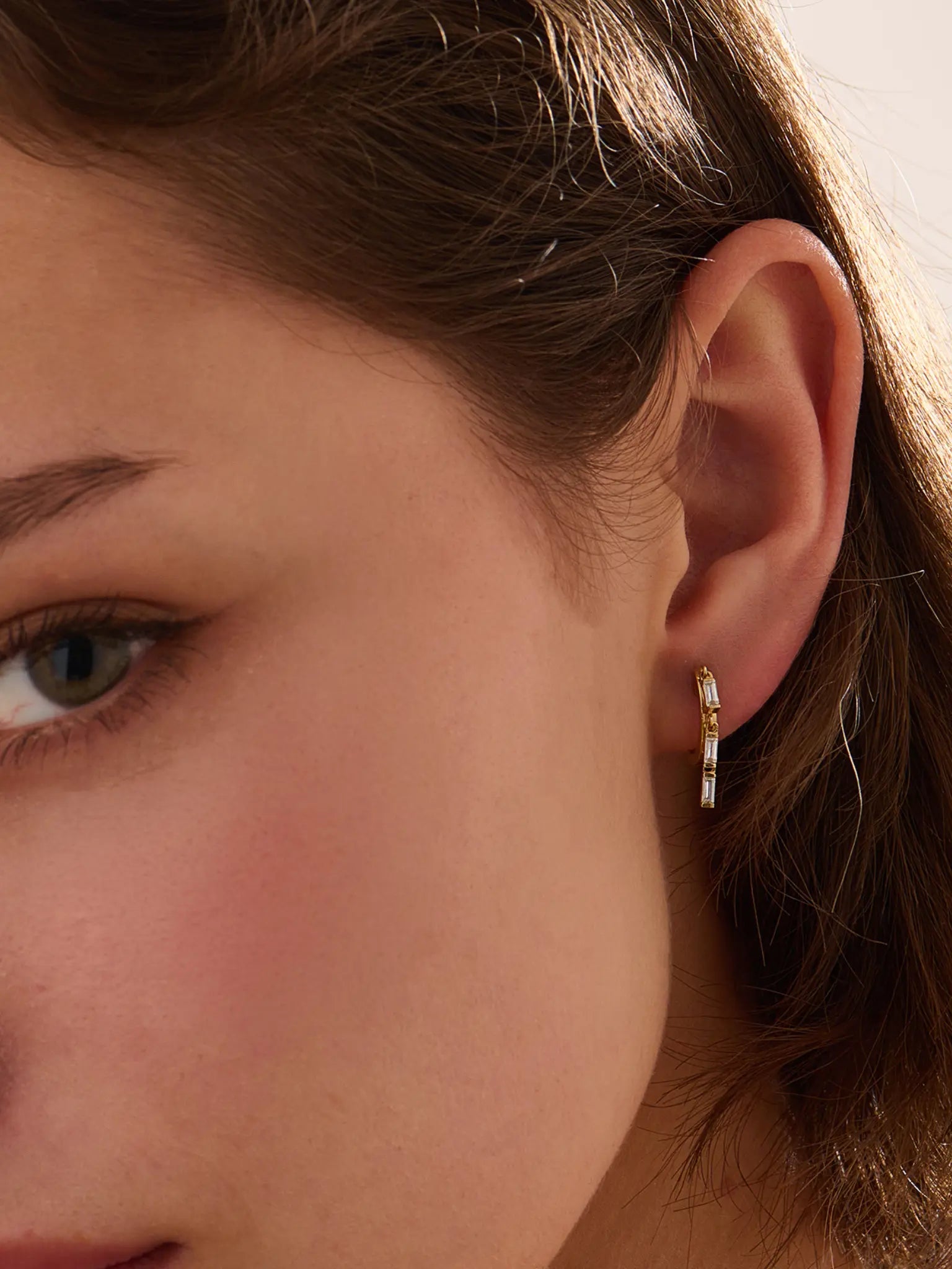 Dangle Baguette Hoops, solid gold earrings, view 3 | DiaFifth