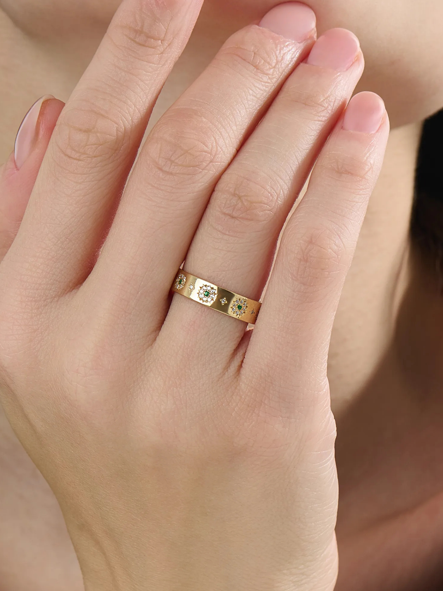 Emerald Flower Wedding Band, solid gold ring, view 6 | DiaFifth