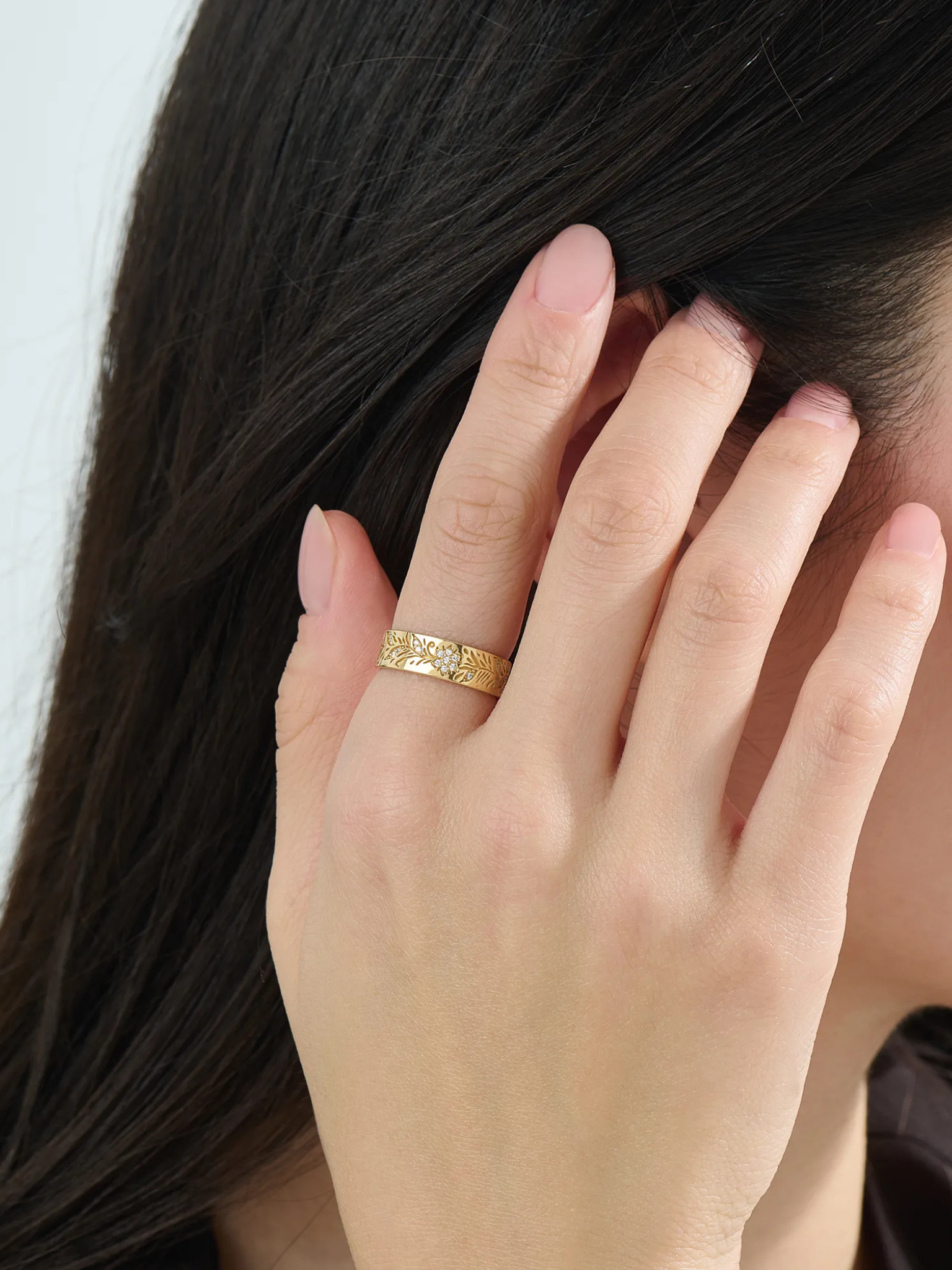 Floral Wide Wedding Band, solid gold ring, view 3 | DiaFifth