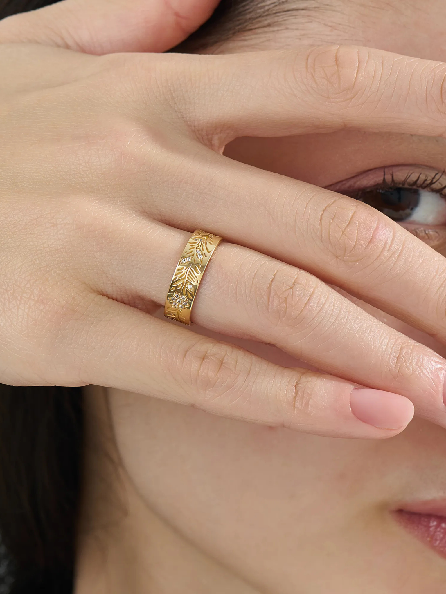 Floral Wide Wedding Band, solid gold ring, view 6 | DiaFifth