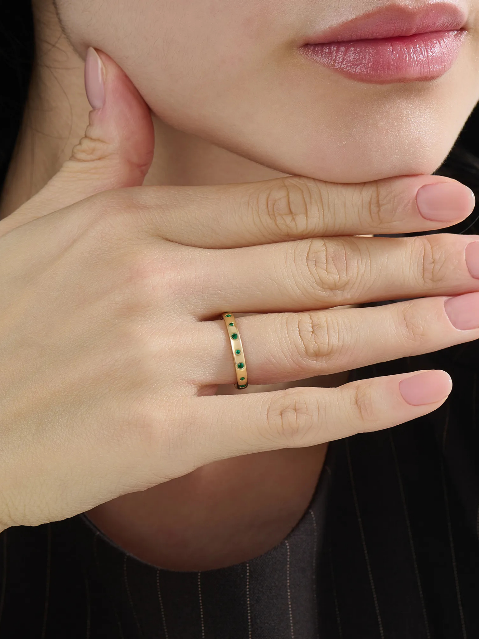Flush Set Emerald Band, solid gold ring, view 3 | DiaFifth