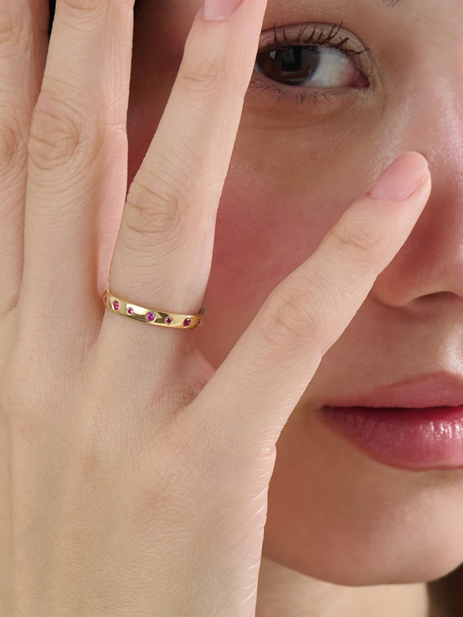 Flush Set Ruby Band, solid gold ring, view 3 | DiaFifth