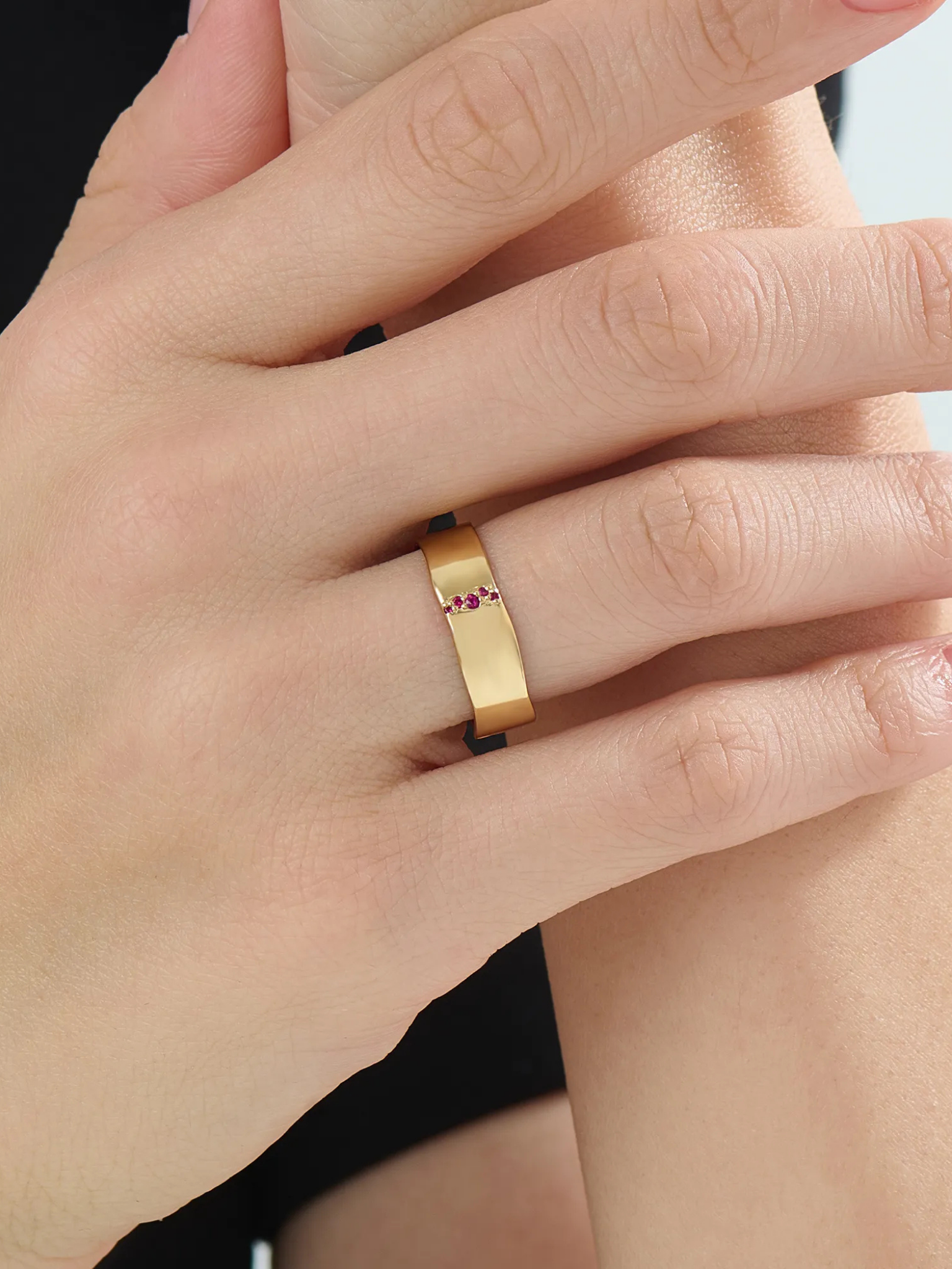 Lab Ruby Wavy Wedding Band, solid gold ring, view 6 | DiaFifth