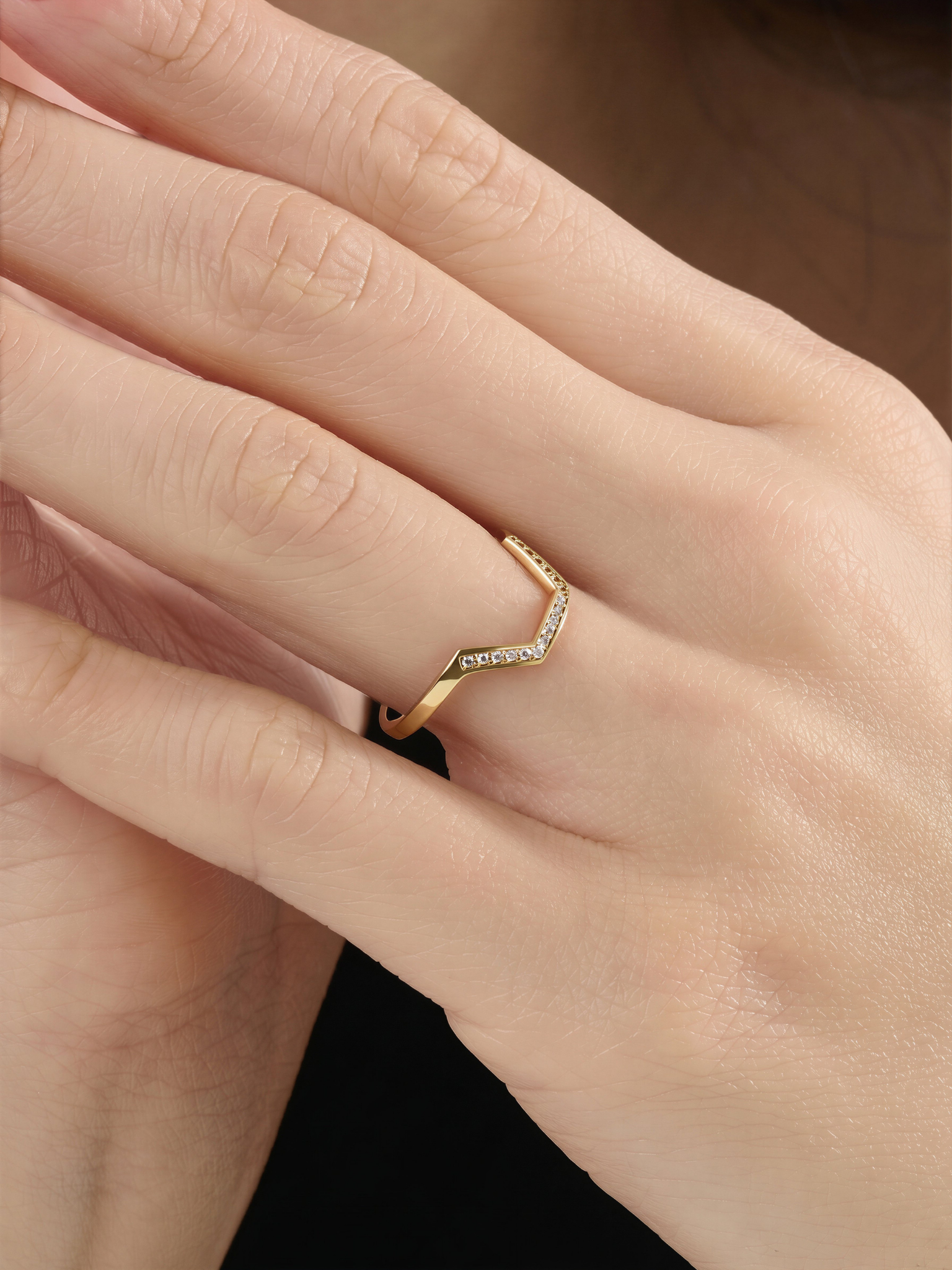 Pave Hexagon Curve Ring, solid gold ring, view 3 | DiaFifth