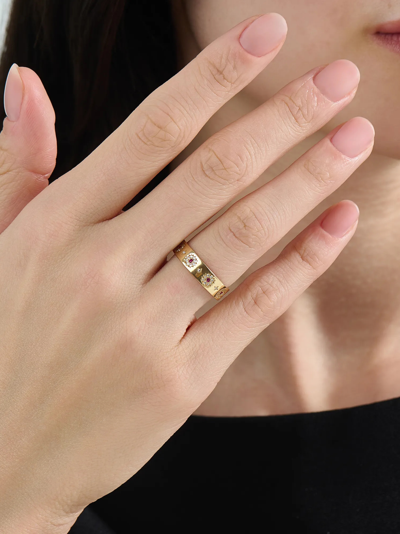 Ruby Flower Wedding Band, solid gold ring, view 6 | DiaFifth