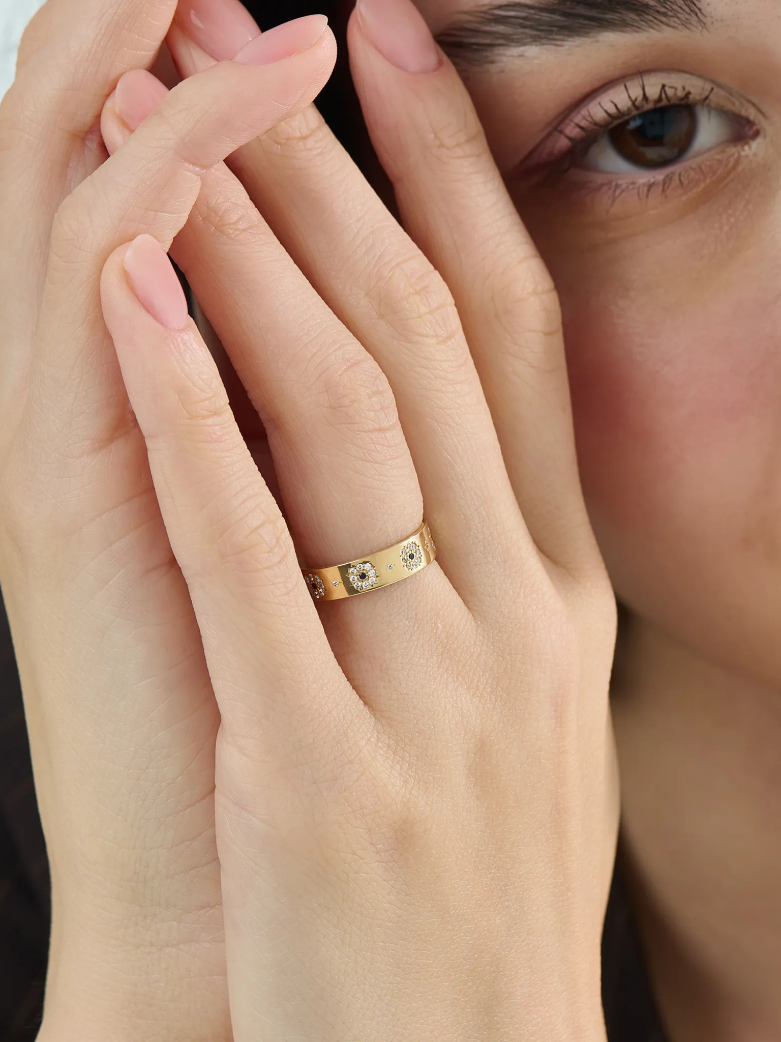 Sapphire Flower Wedding Band, solid gold ring, view 3 | DiaFifth