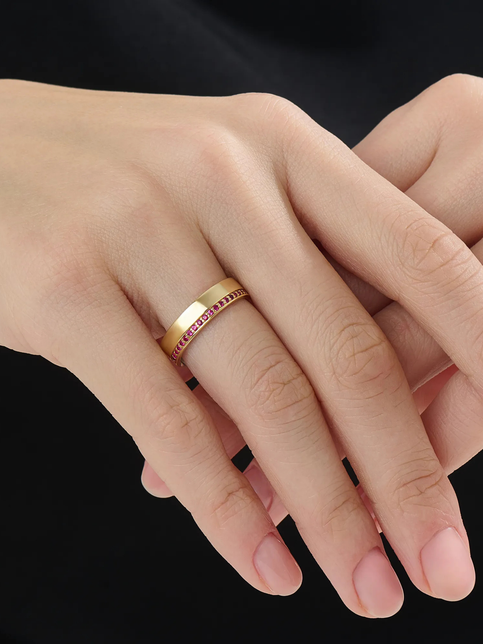 Side Pave Ruby Wedding Band, solid gold ring, view 3 | DiaFifth